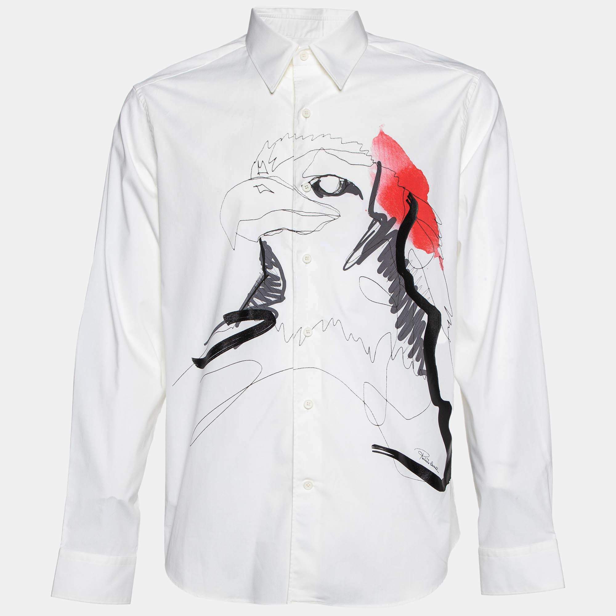 Pre Owned Roberto cavalli White Bird Print Cotton Slim Fit Shirt XL
