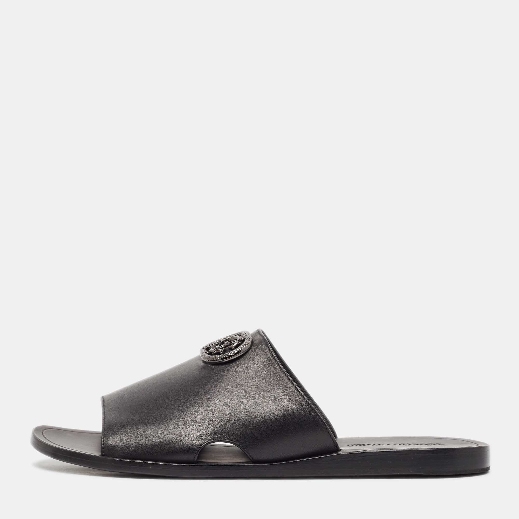 Pre Owned Roberto Cavalli Black Leather Logo Flat Slide Sandals Size 43