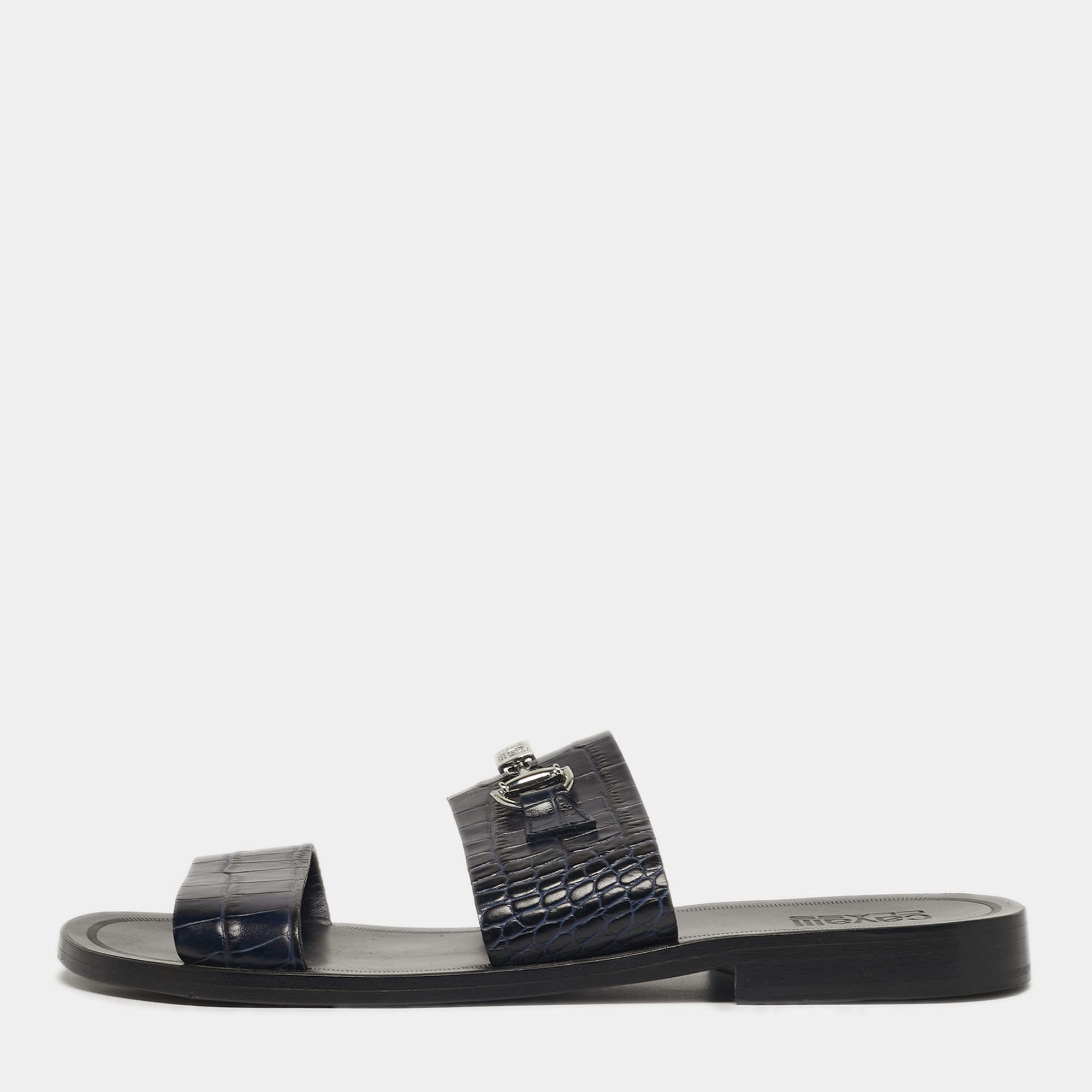 مملوكة مسبقًا Roberto Cavalli Size 42 Navy Blue Croc Embossed Leather Horsebit Flat Slide
