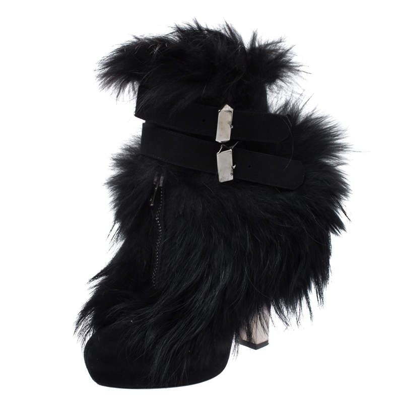 Pre Owned Roberto Cavalli Black Suede And Fur Trim Ankle Boots Size 38