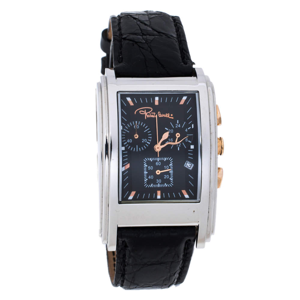 Pre Owned Roberto Cavalli Black Stainless Steel and Leather ESON R7251955035 Men's Wristwatch 30 mm