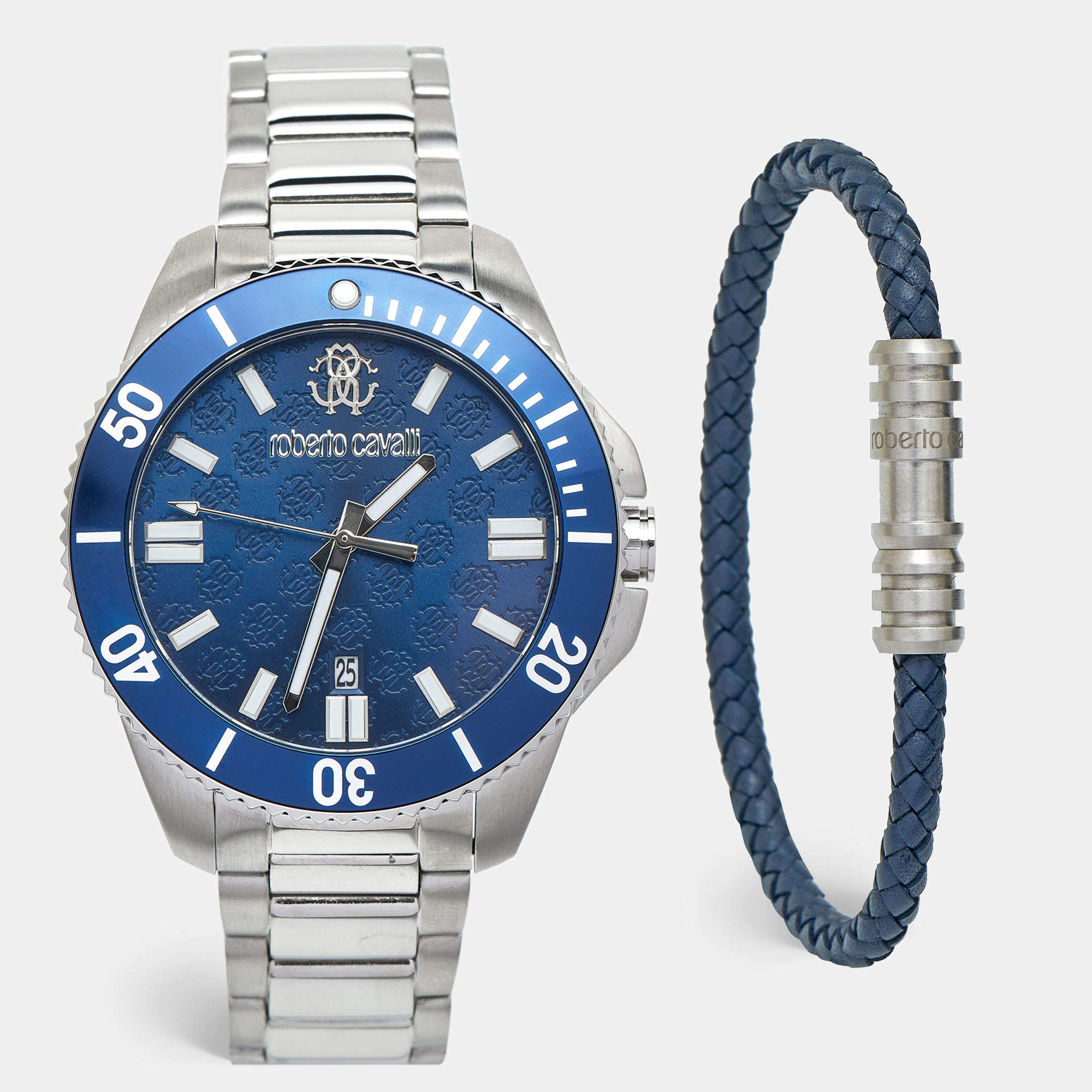 Roberto Cavalli Blue Stainless Steel 5G013 Men's Wristwatch 44 mm and Bracelet Set 