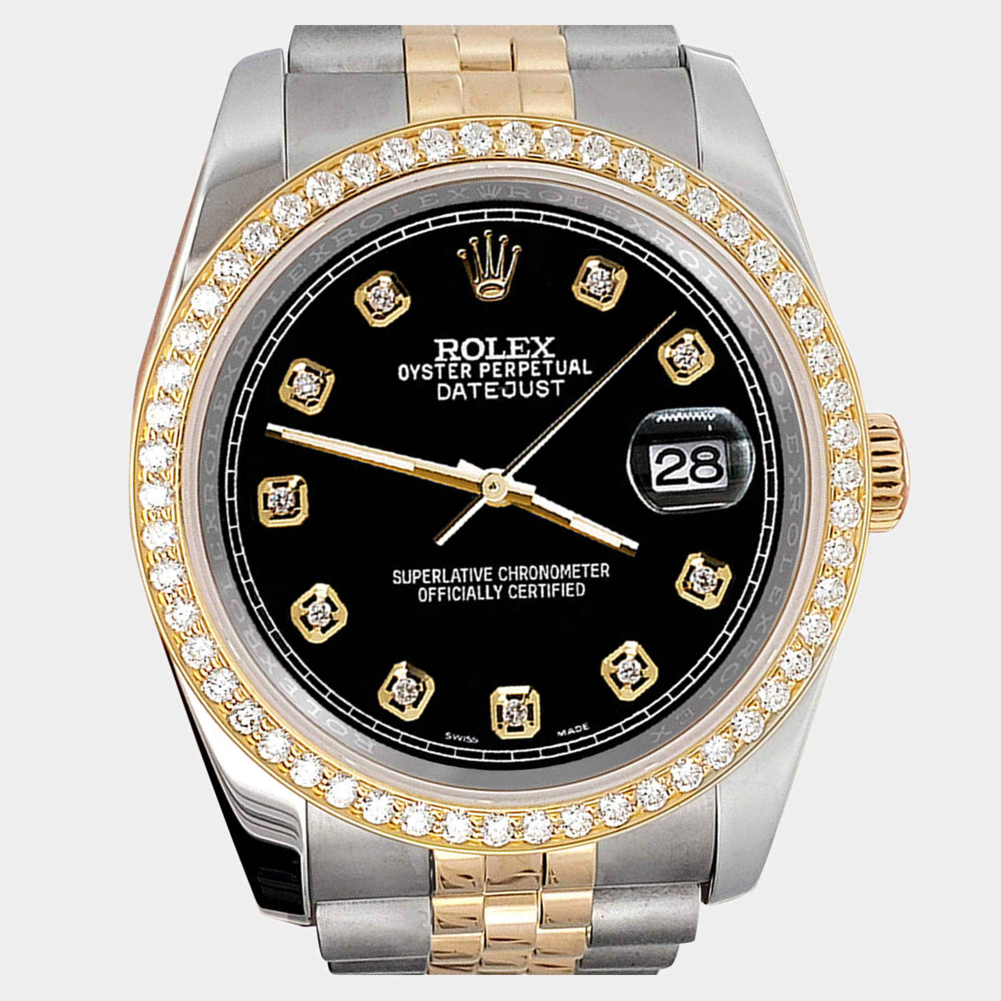 Rolex Custom Black 1.1ct Diamonds 18K Yellow Gold Stainless Steel Datejust  Automatic Men's Wristwatch 36mm