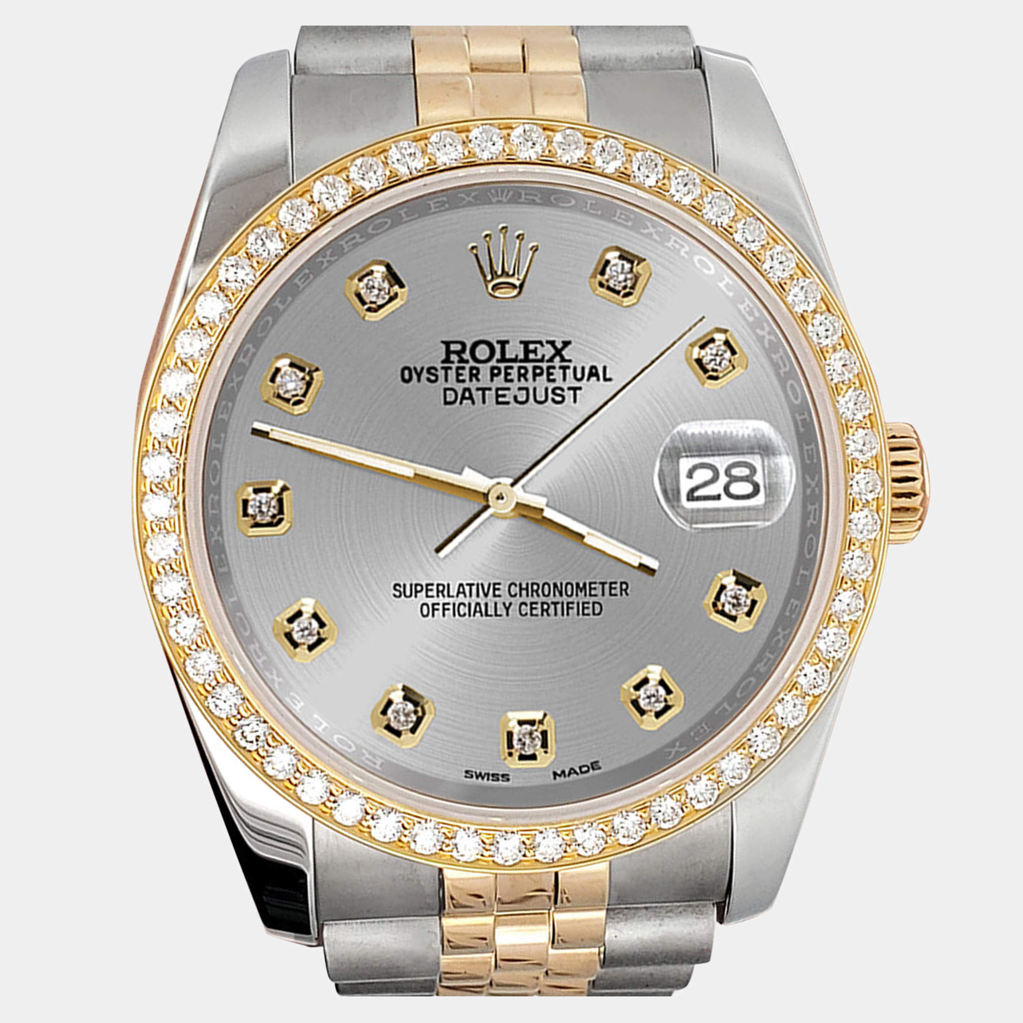 Rolex Custom Silver 1.1ct Diamonds 18K Yellow Gold Stainless Steel Datejust  Automatic Men's Wristwatch 36mm