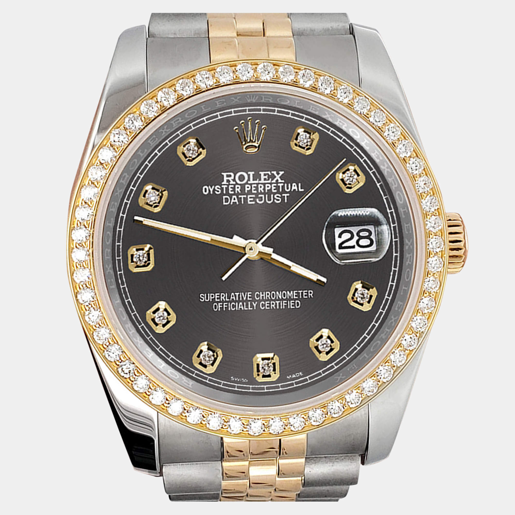 Rolex Custom Rhodium Gray 1.1ct Diamonds 18K Yellow Gold Stainless Steel Datejust  Automatic Men's Wristwatch 36mm