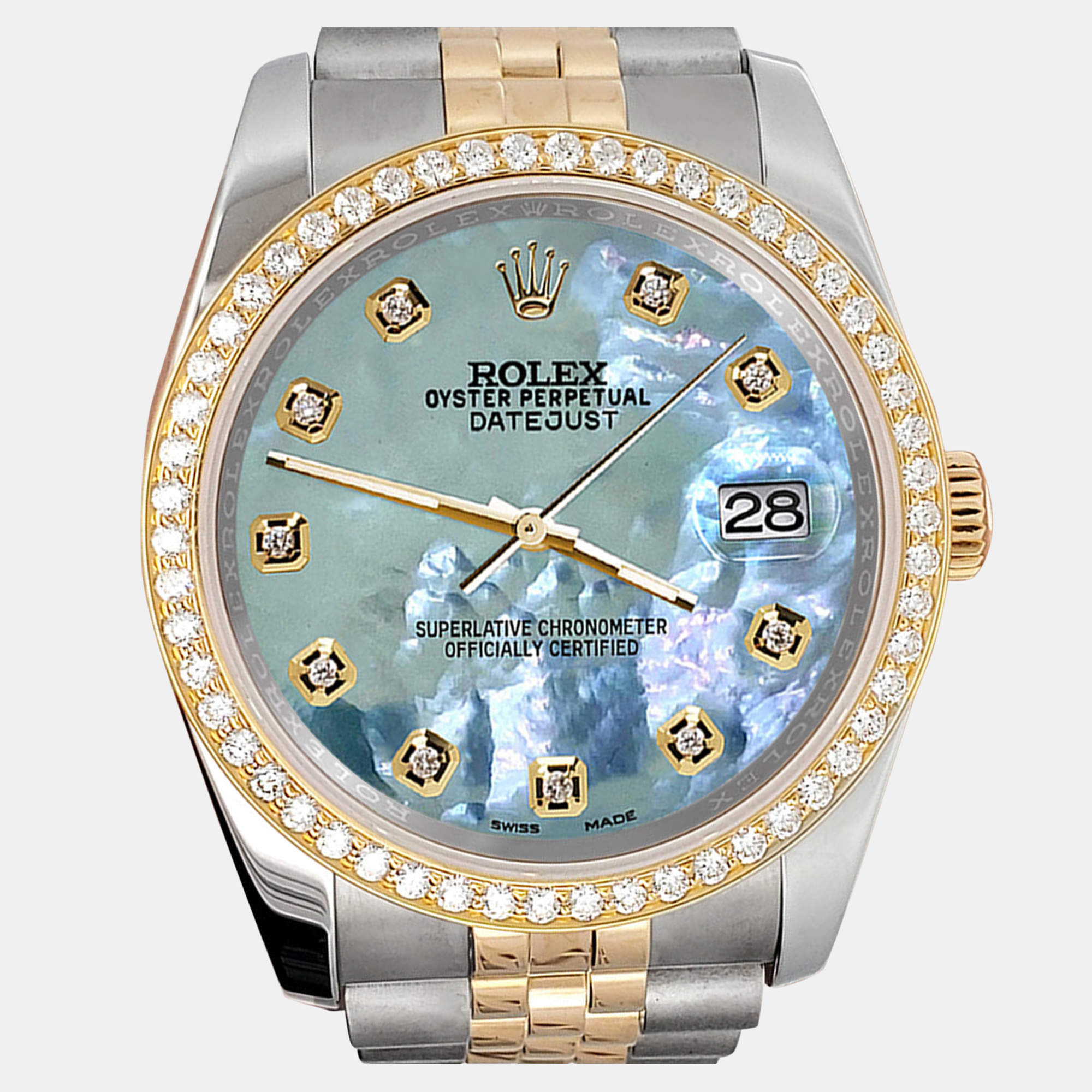 Rolex Custom Tahitian Blue 1.1ct Diamonds 18K Yellow Gold Stainless Steel Datejust  Automatic Men's Wristwatch 36mm