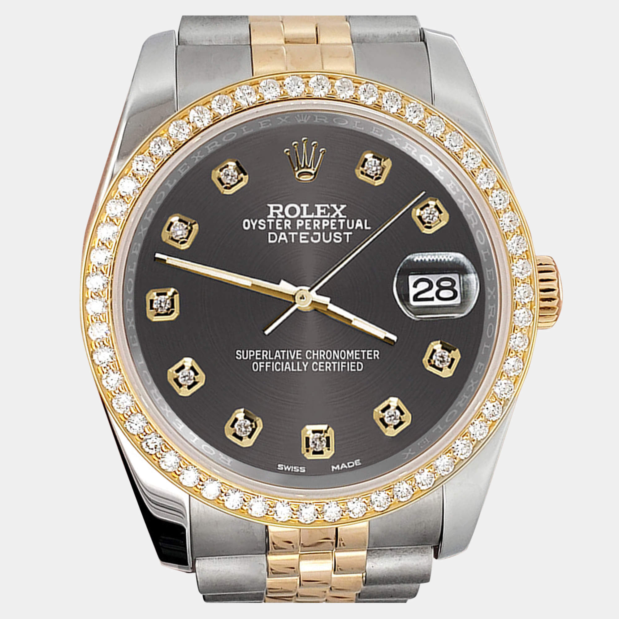Rolex Custom Rhodium Gray 1.1ct Diamonds 18K Yellow Gold Stainless Steel Datejust  Automatic Men's Wristwatch 36mm