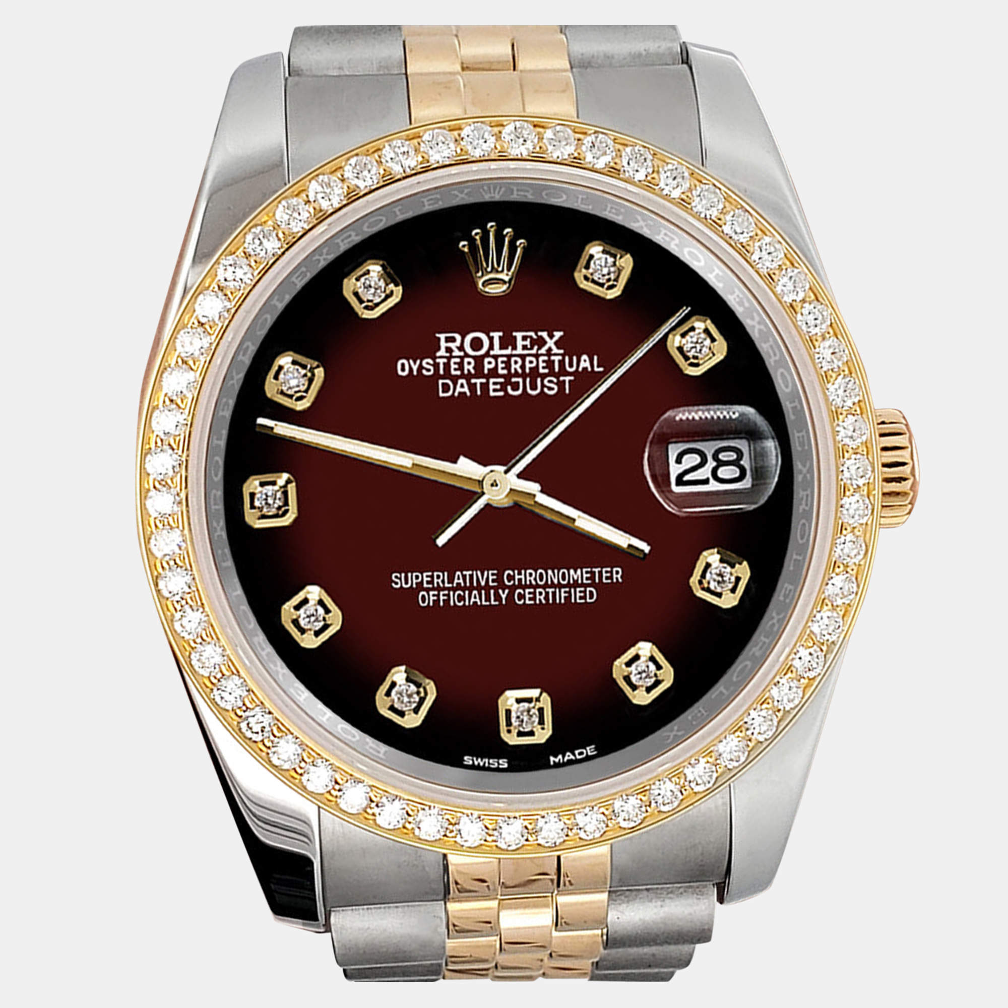 Rolex Custom Maroon Vignette 1.1ct Diamonds 18K Yellow Gold Stainless Steel Datejust  Automatic Men's Wristwatch 36mm