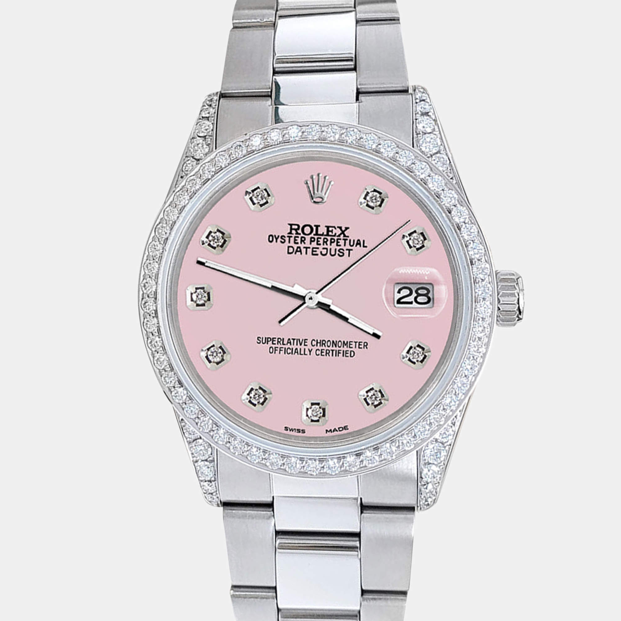 Rolex Custom Ice Pink 1.95ct Diamonds Stainless Steel Datejust  Automatic Men's Wristwatch 36mm