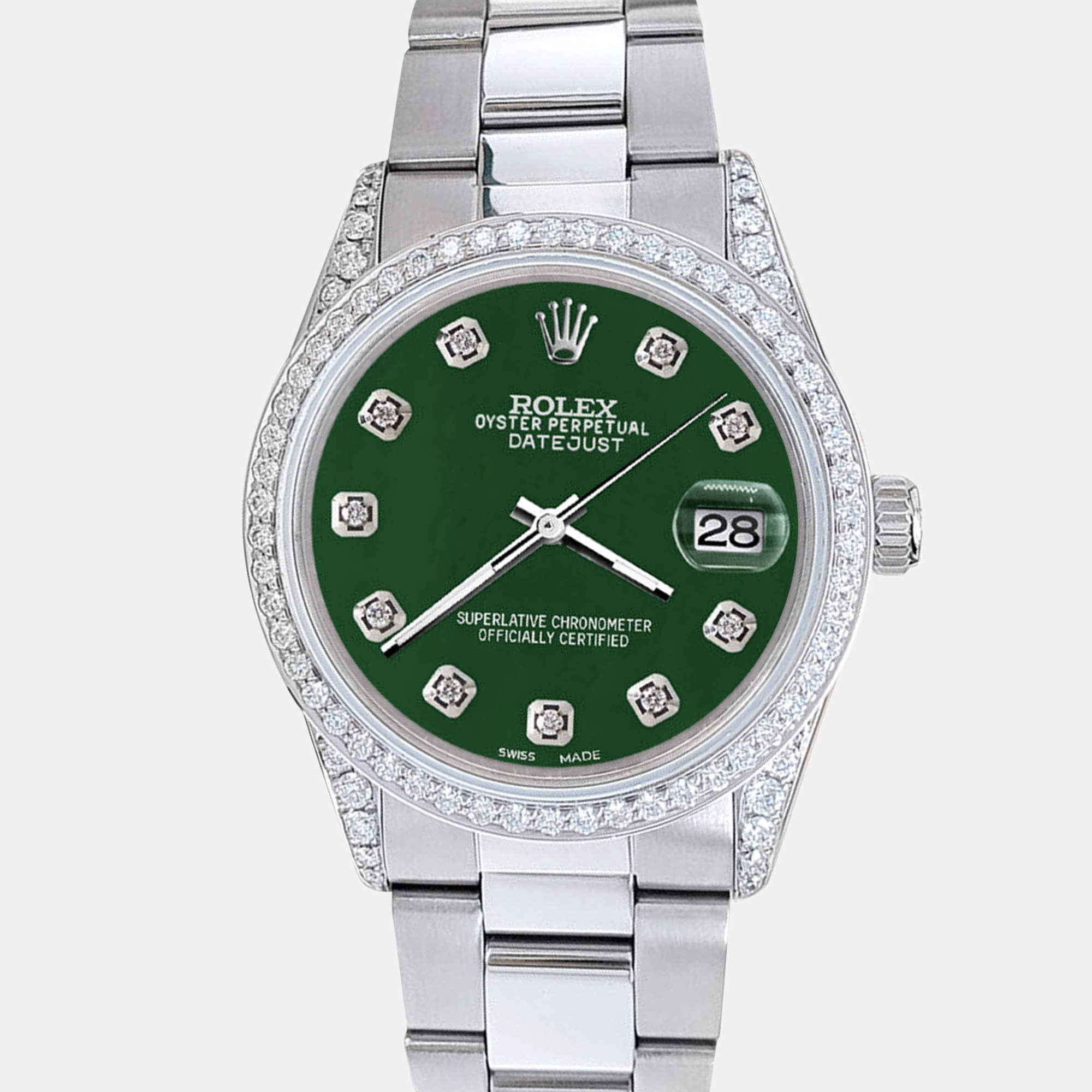 Rolex Custom Green  Diamonds Stainless Steel Datejust  Automatic Men's Wristwatch