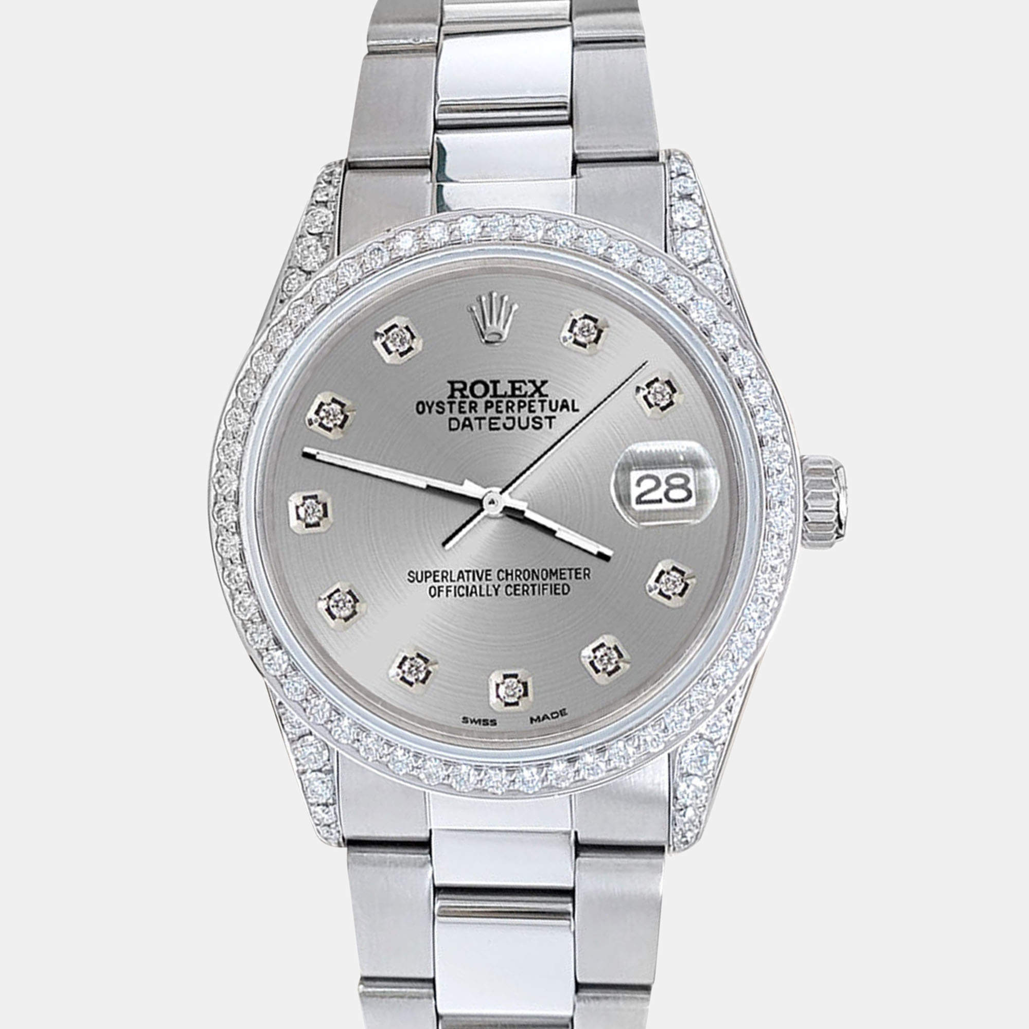Rolex Custom Silver 1.95ct Diamonds Stainless Steel Datejust  Automatic Men's Wristwatch 36mm