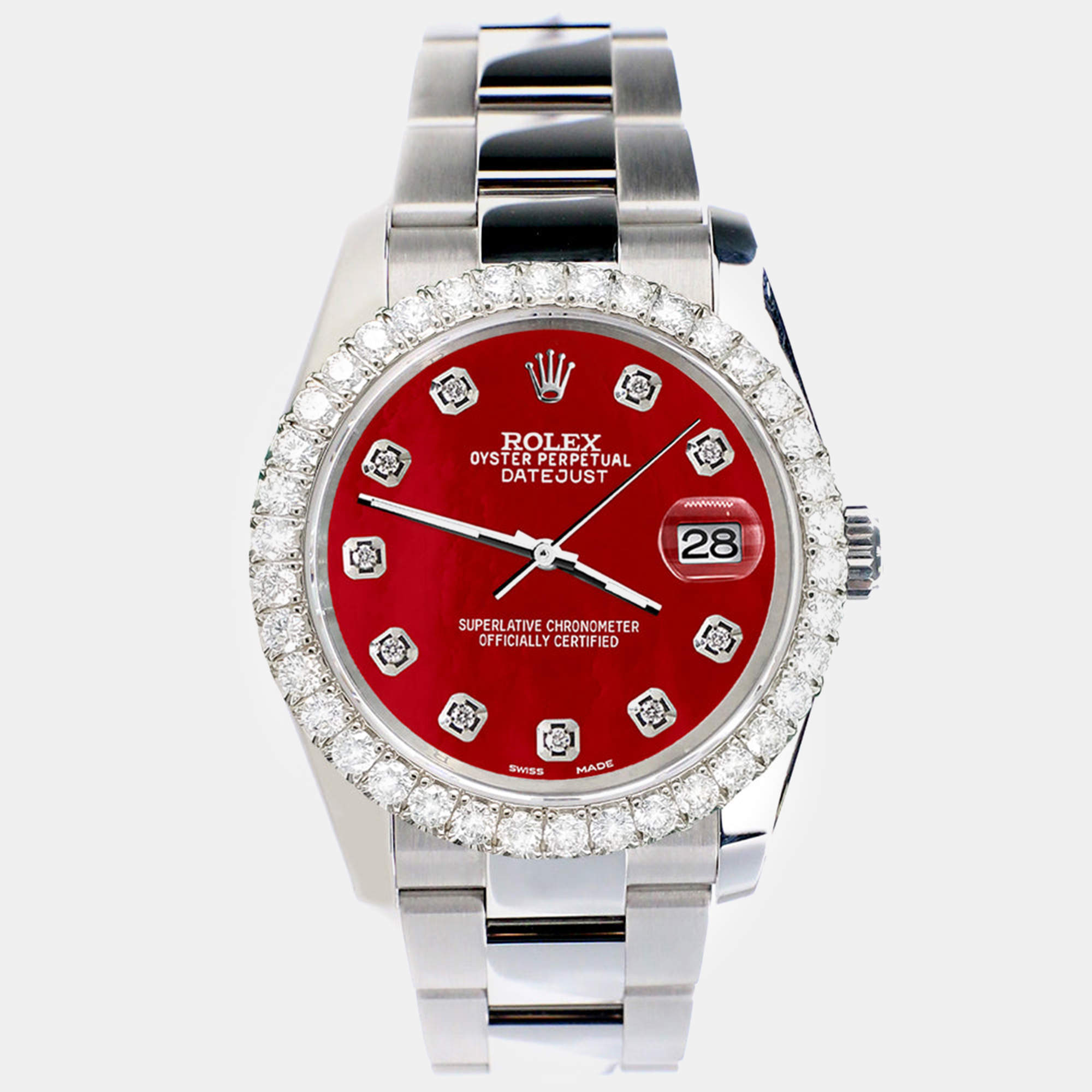 Rolex Custom Red 2.7ct Diamonds Stainless Steel Datejust 116200 Automatic Men's Wristwatch 36mm