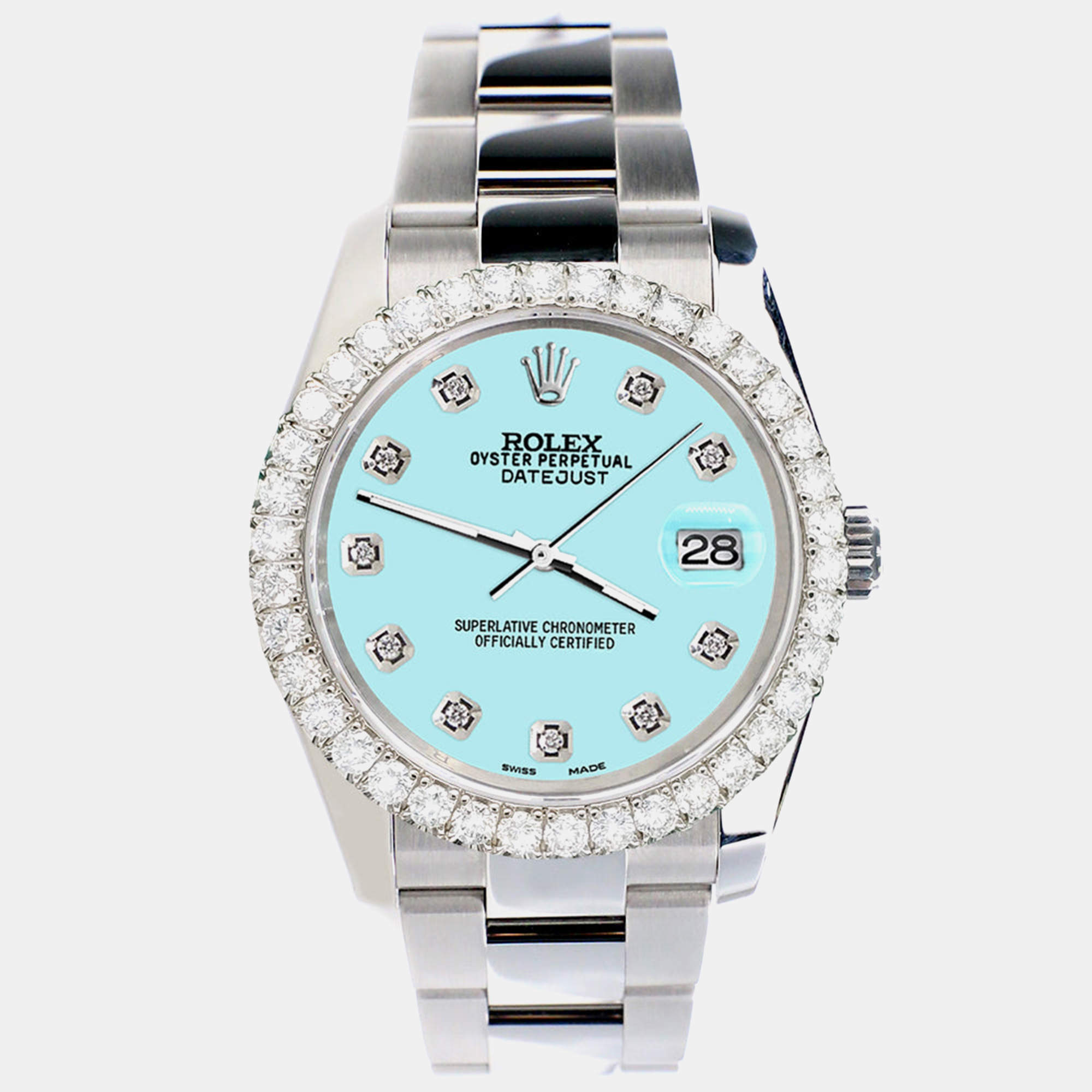 Rolex Custom Aqua Blue 2.7ct Diamonds Stainless Steel Datejust 116200 Automatic Men's Wristwatch 36mm
