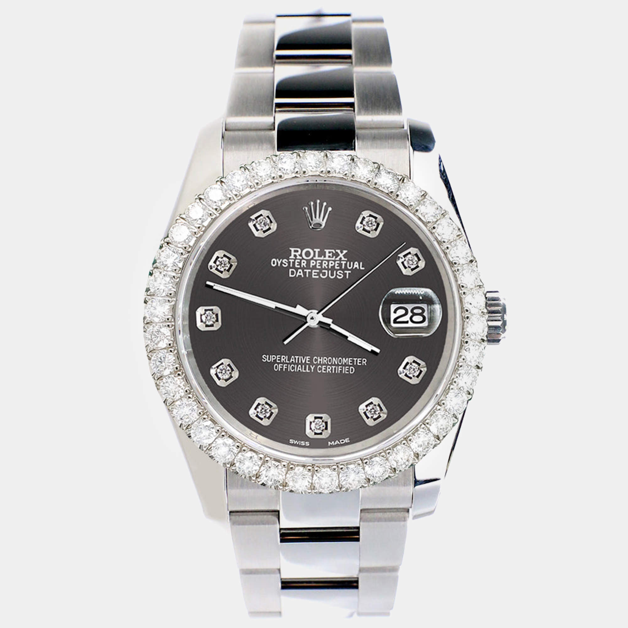 Rolex Custom Rhodium Gray 2.7ct Diamonds Stainless Steel Datejust 116200 Automatic Men's Wristwatch 36mm