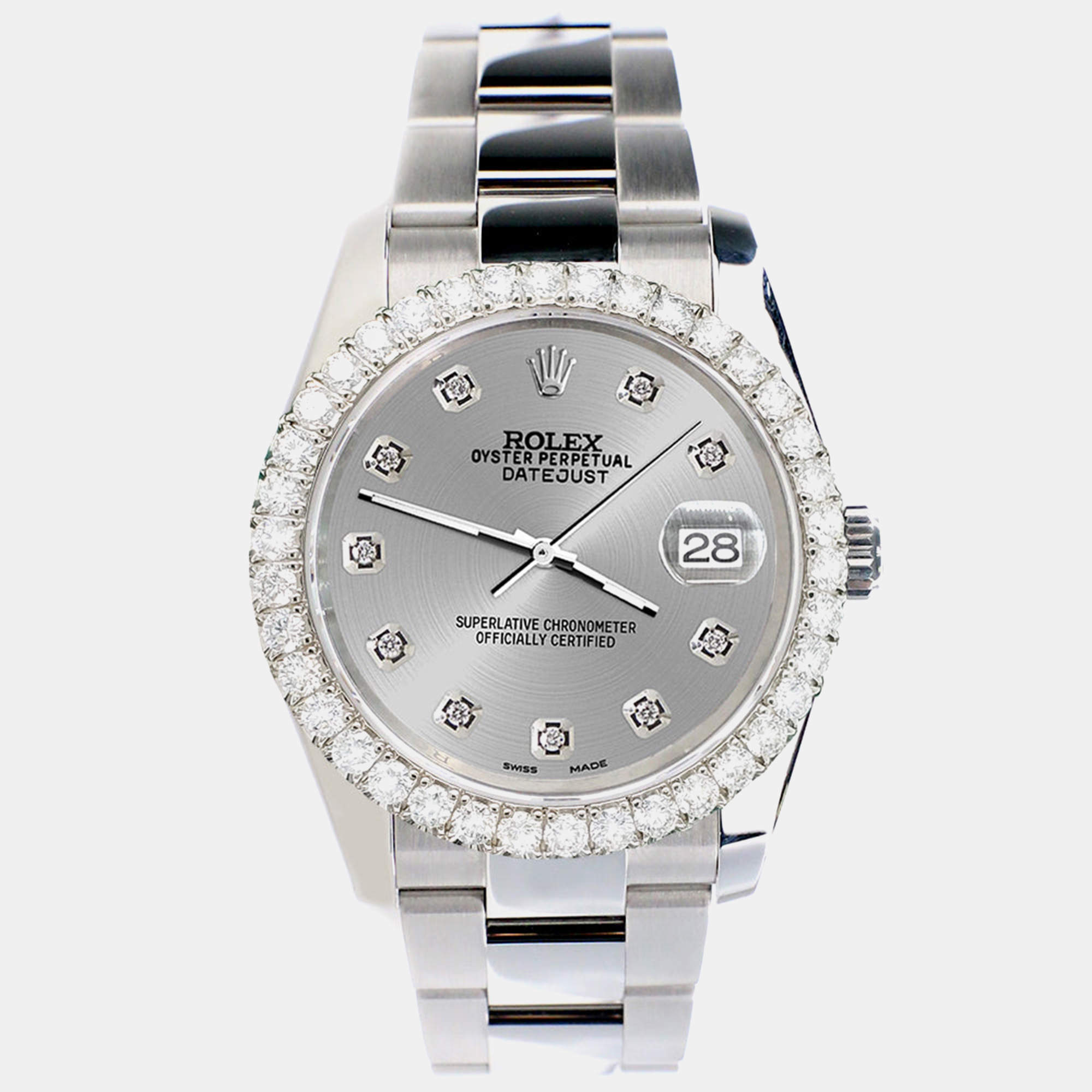 Rolex Custom Silver 2.7ct Diamonds Stainless Steel Datejust 116200 Automatic Men's Wristwatch 36mm