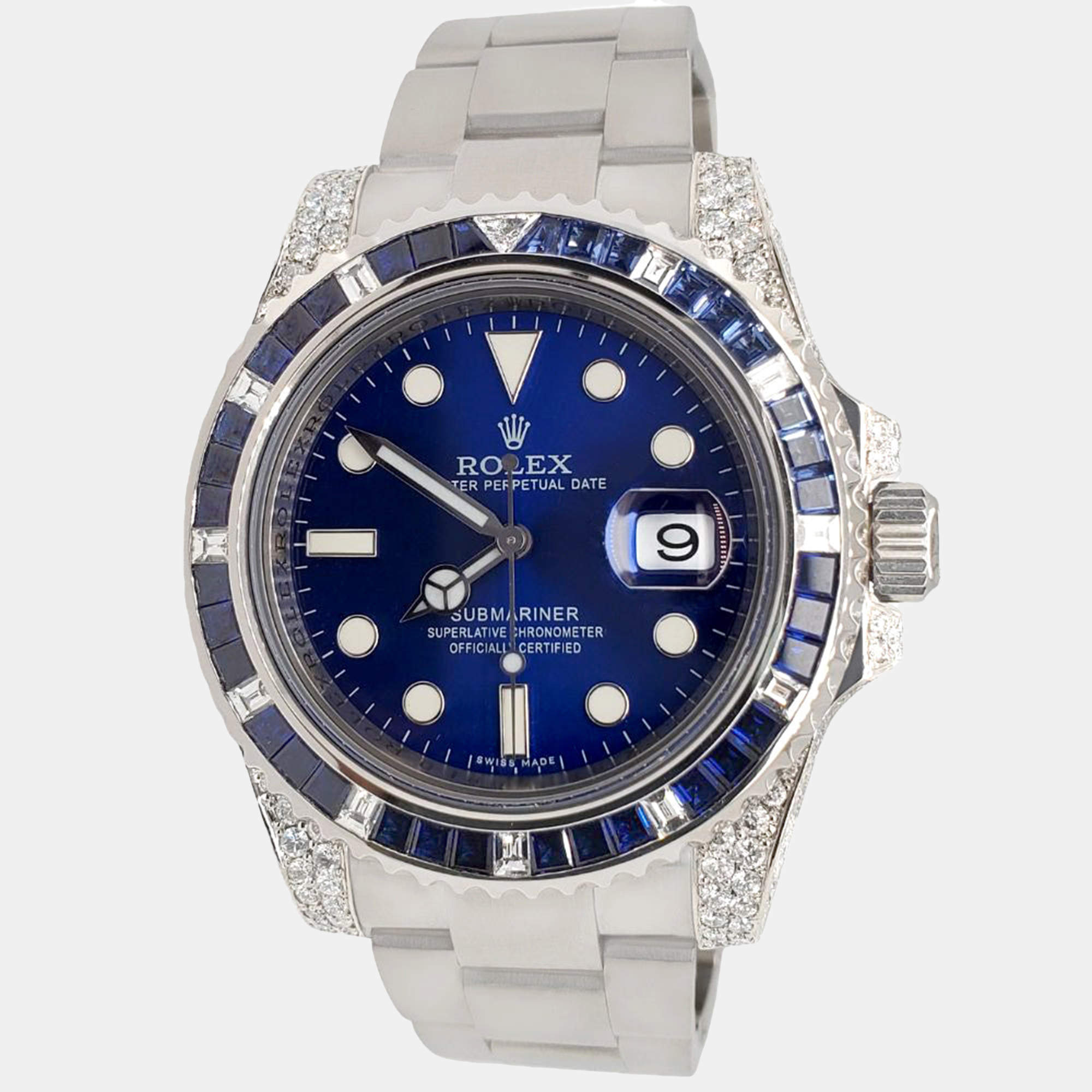 Rolex Custom Blue  Diamonds Sapphire Stainless Steel Submariner 116200 Automatic Men's Wristwatch