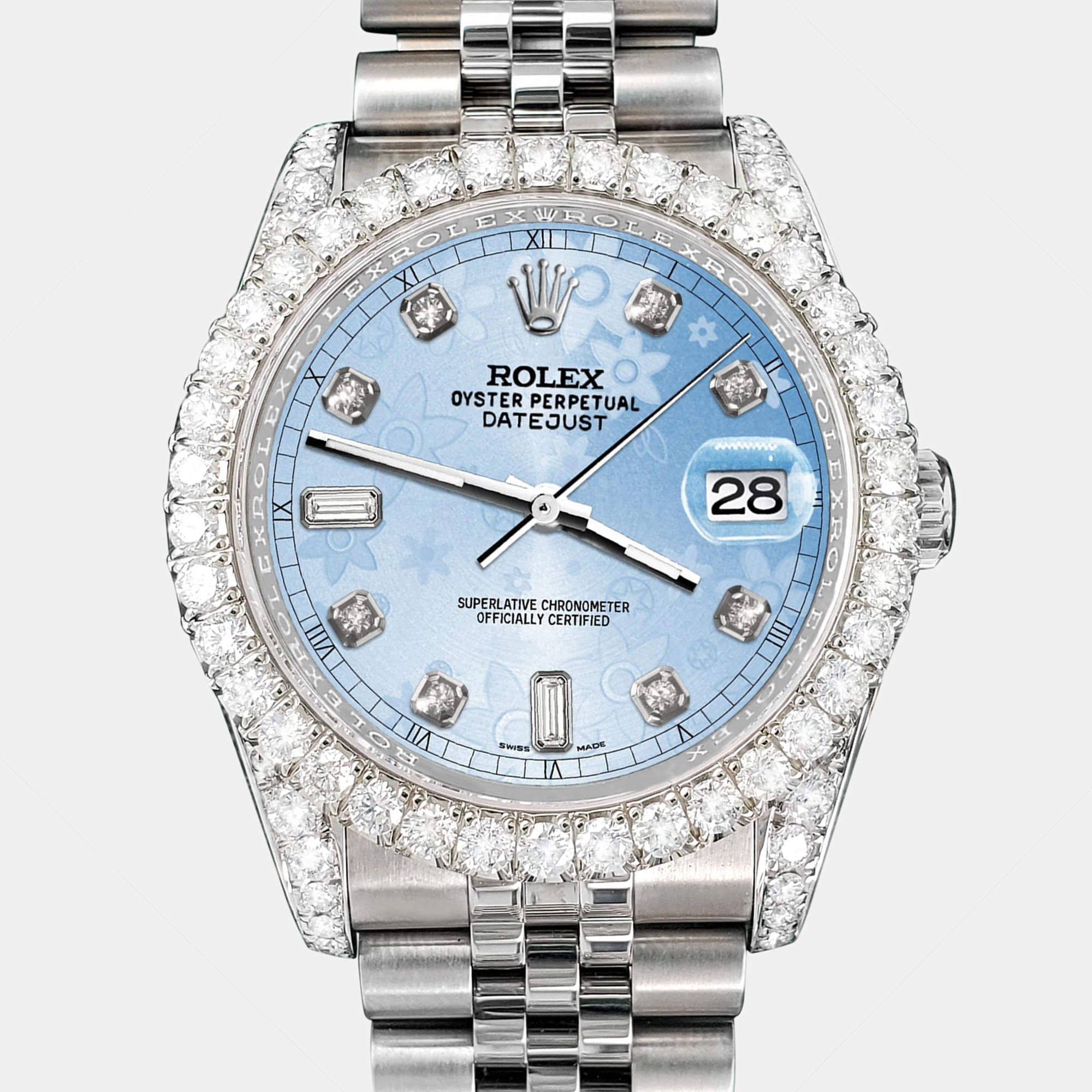Rolex Custom Blue Flower 4CT Diamond Stainless Steel Datejust 116200 Automatic Men's Wristwatch 36mm