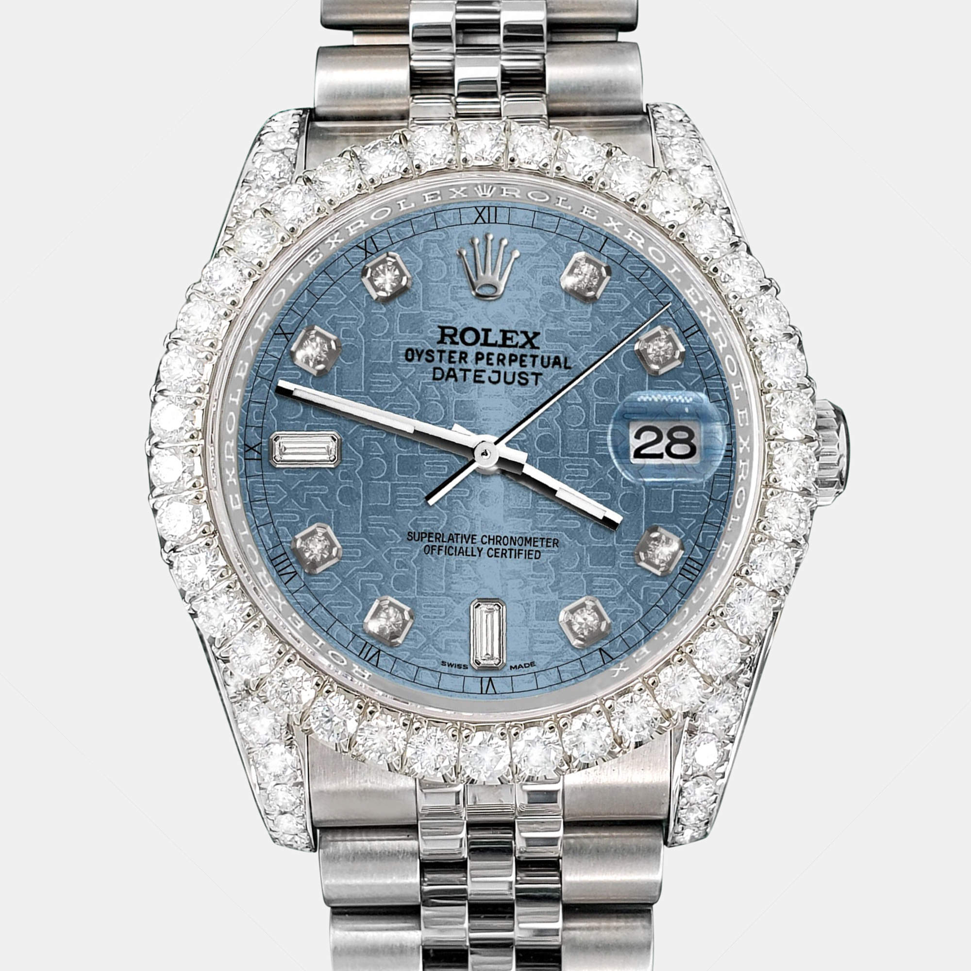 Rolex Custom Ice Blue 4CT Diamond Stainless Steel Datejust 116200 Automatic Men's Wristwatch 36mm