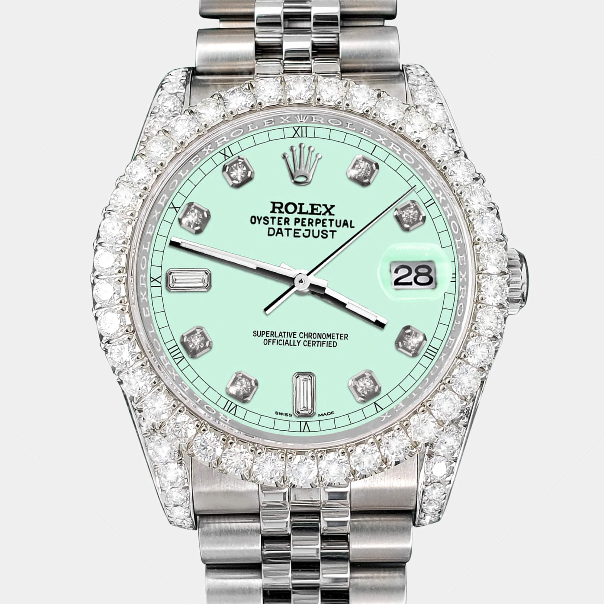 Rolex Custom Light Malachite 4CT Diamond Stainless Steel Datejust 116200 Automatic Men's Wristwatch 36mm