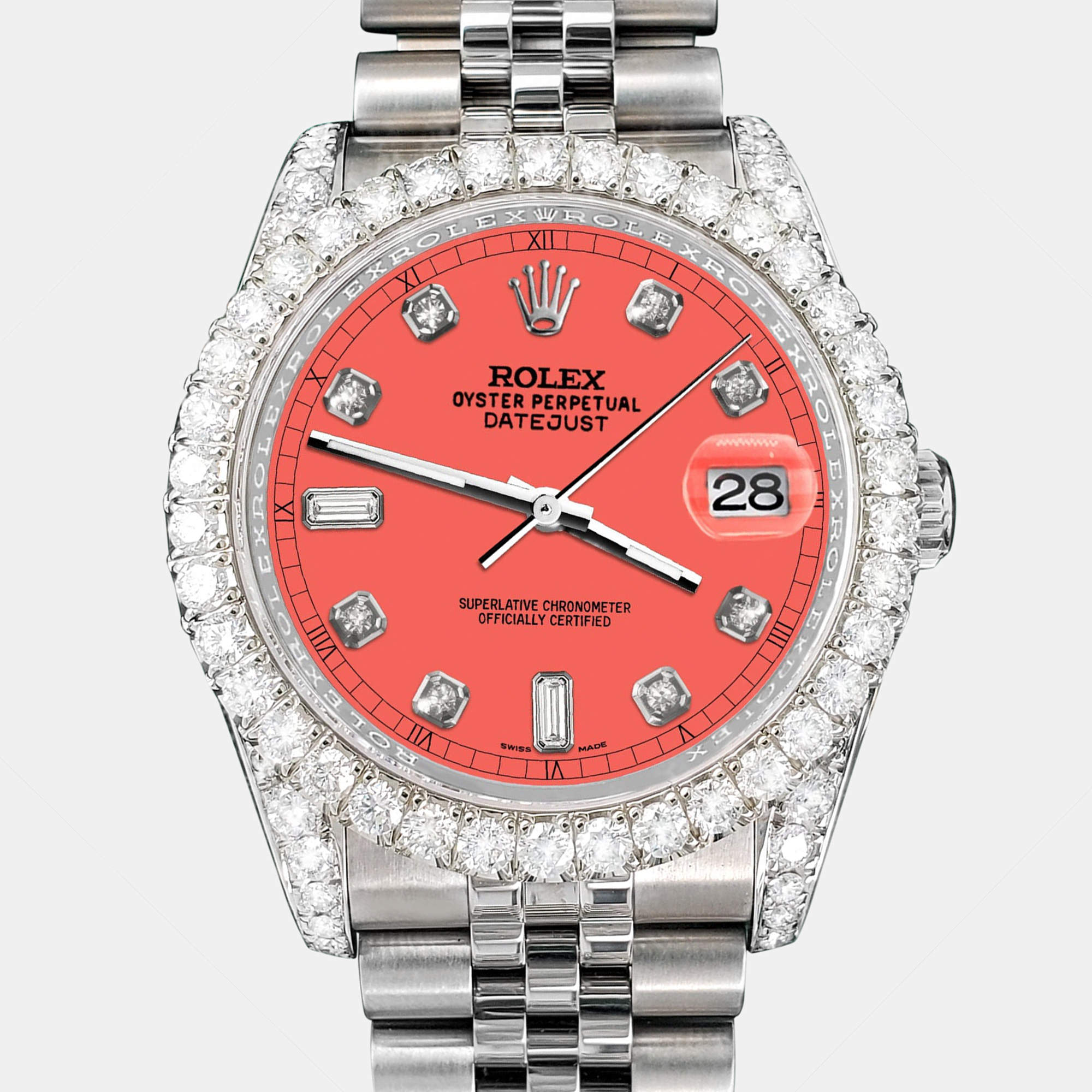 Rolex Custom Matt Coral 4CT Diamond Stainless Steel Datejust 116200 Automatic Men's Wristwatch 36mm