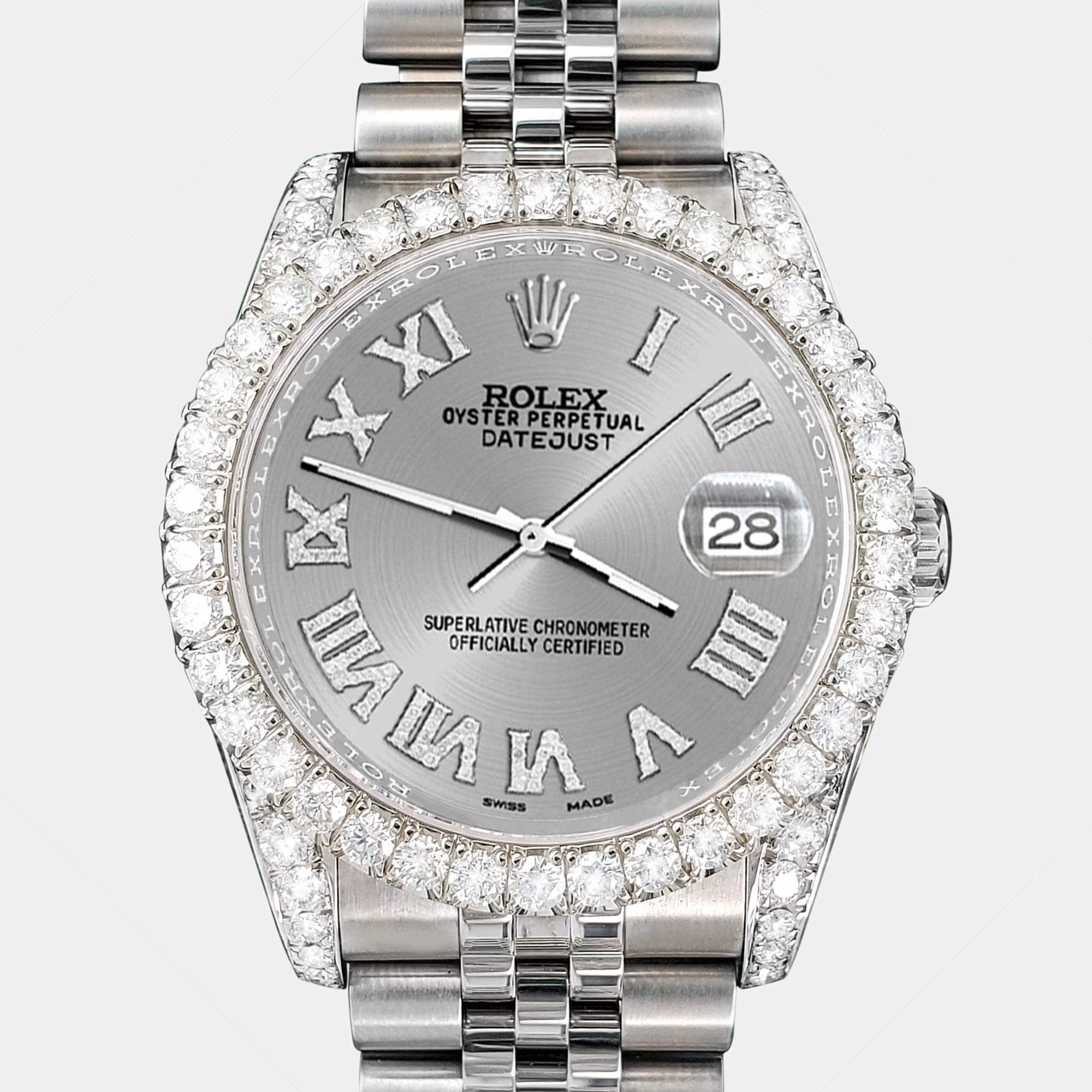 Rolex Custom Grey 4.2CT Diamond Stainless Steel Datejust 116200 Automatic Men's Wristwatch 36mm