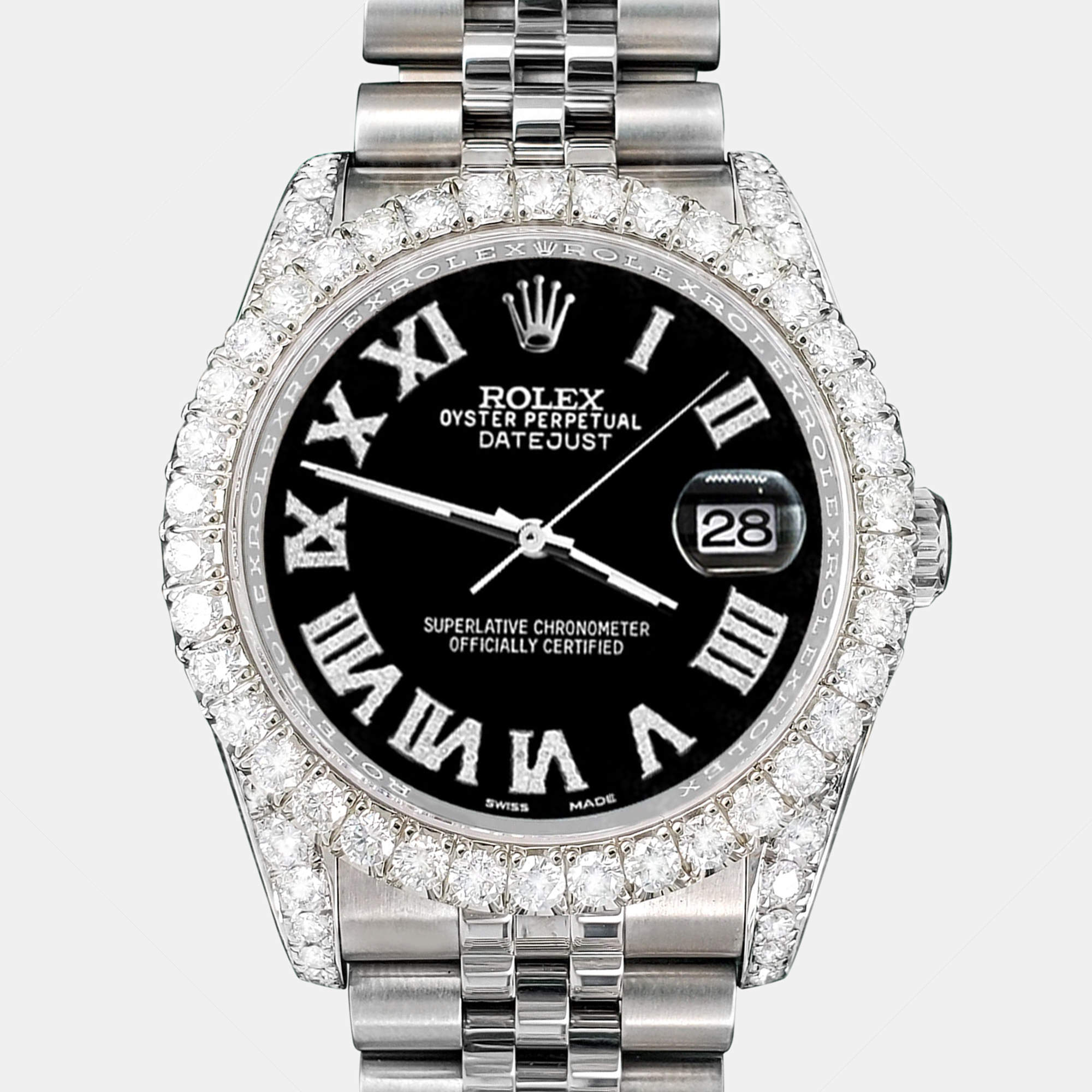 Rolex Custom Black 4.2CT Diamond Stainless Steel Datejust 116200 Automatic Men's Wristwatch 36 mm