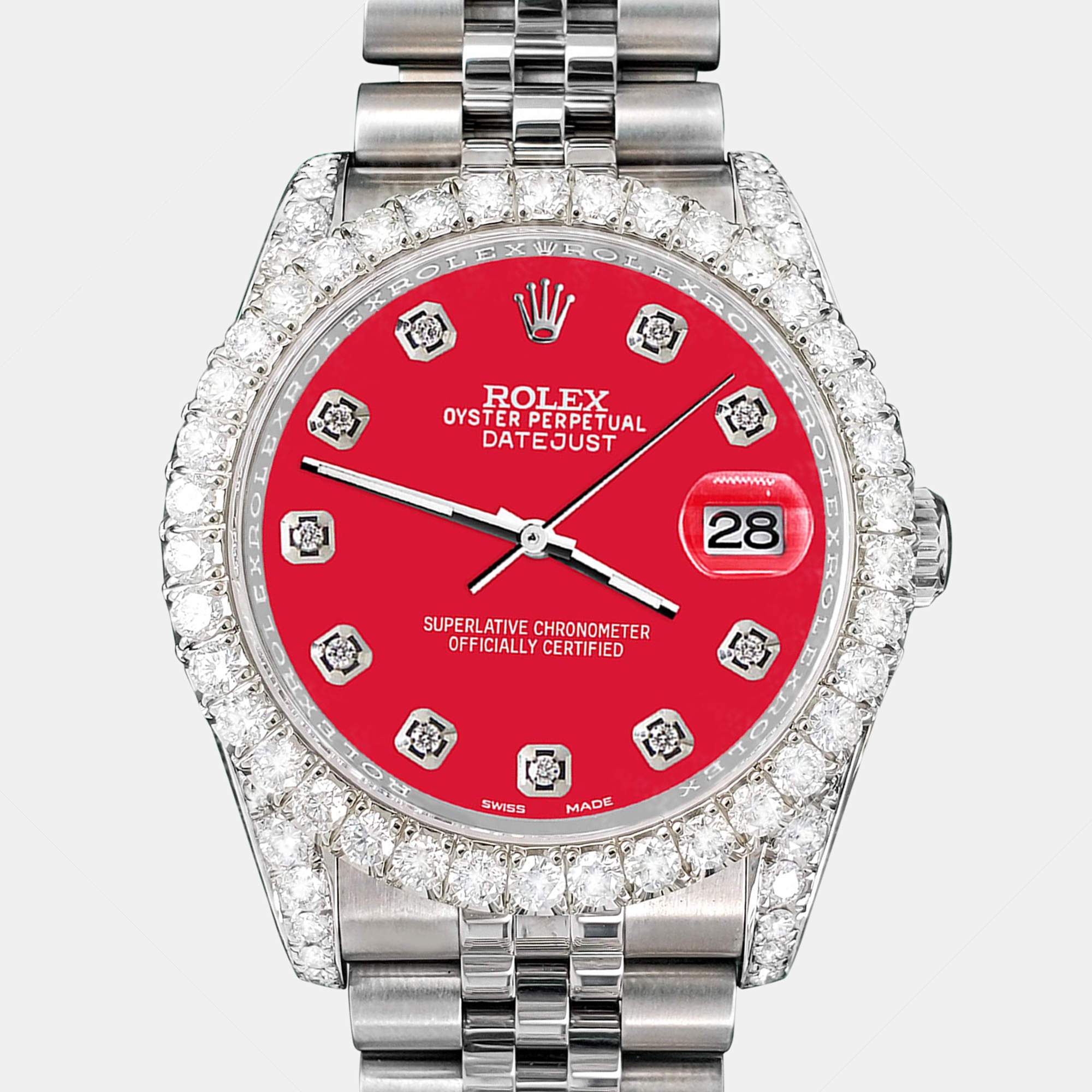 Rolex Custom Scarlet Red 3.9CT Diamond Stainless Steel Datejust 116200 Automatic Men's Wristwatch 36 mm