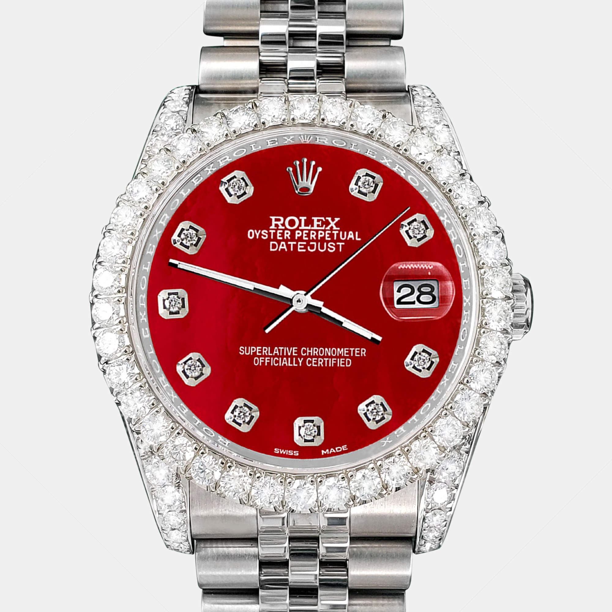Rolex Custom Red MOP 3.9CT Diamond Stainless Steel Datejust 116200 Automatic Men's Wristwatch 36 mm