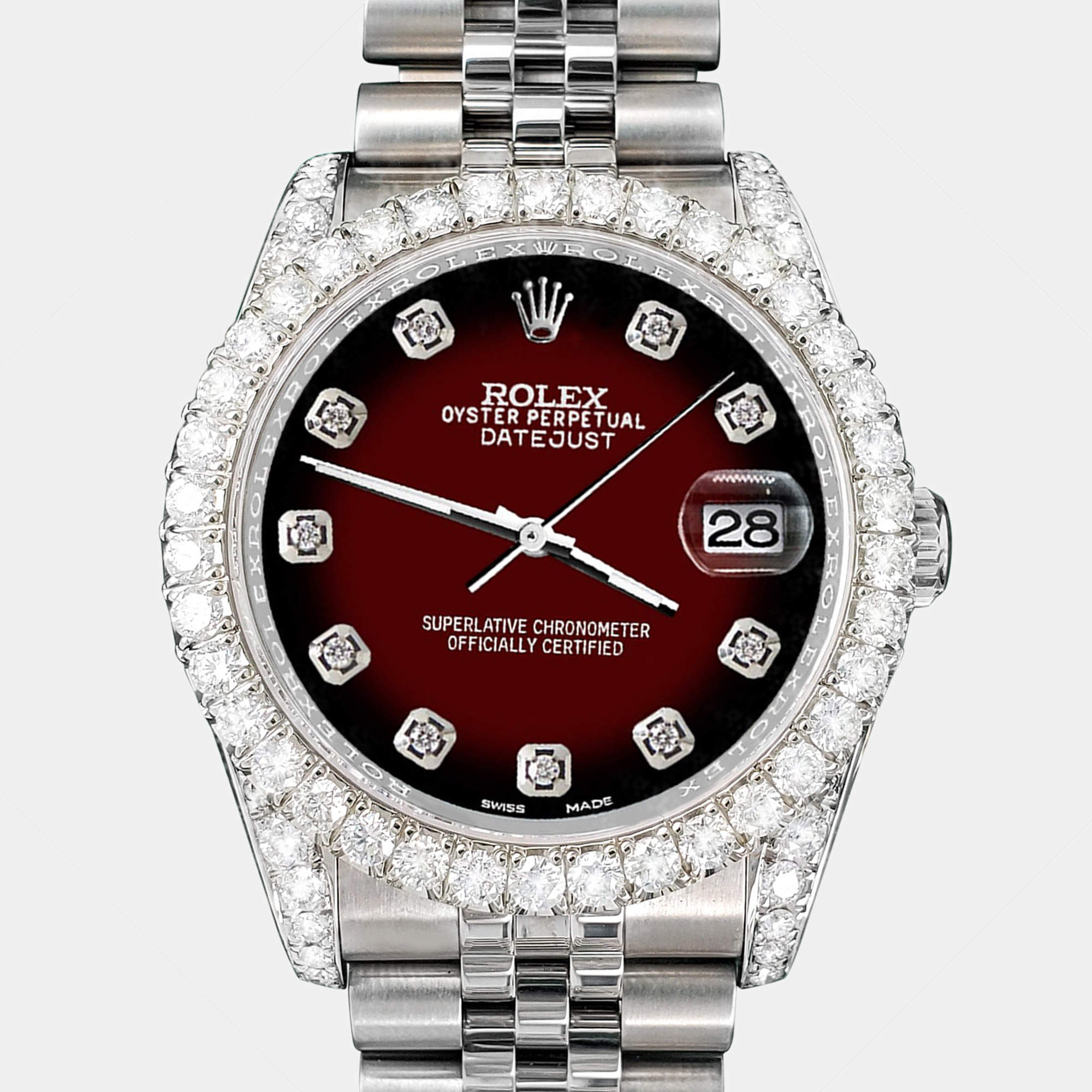 Rolex Custom Maroon 3.9CT Diamond Stainless Steel Datejust 116200 Automatic Men's Wristwatch 36 mm