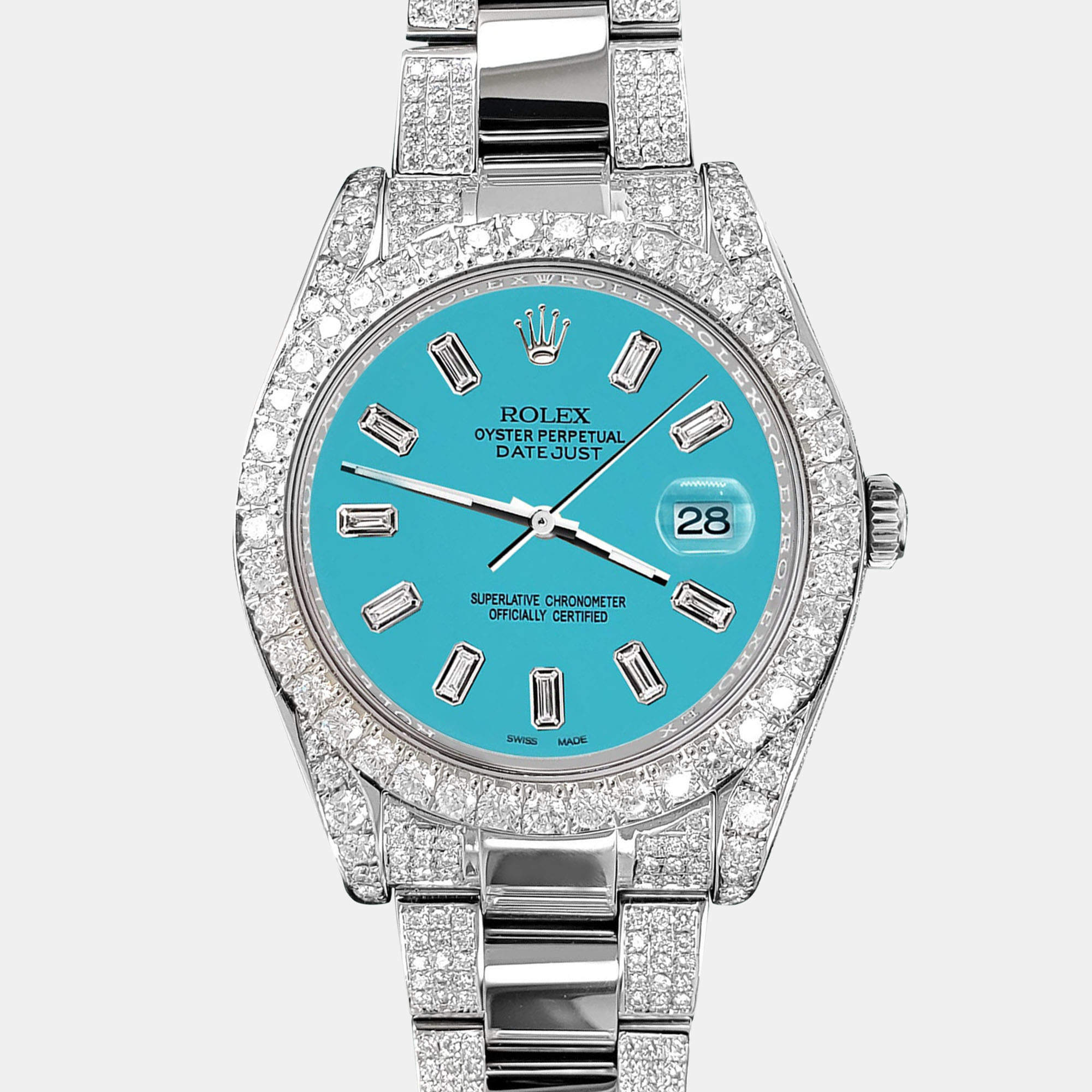 Rolex Custom Turquoise 10.65CT Diamond Stainless Steel Datejust II 116300 Automatic Men's Wristwatch 41 mm