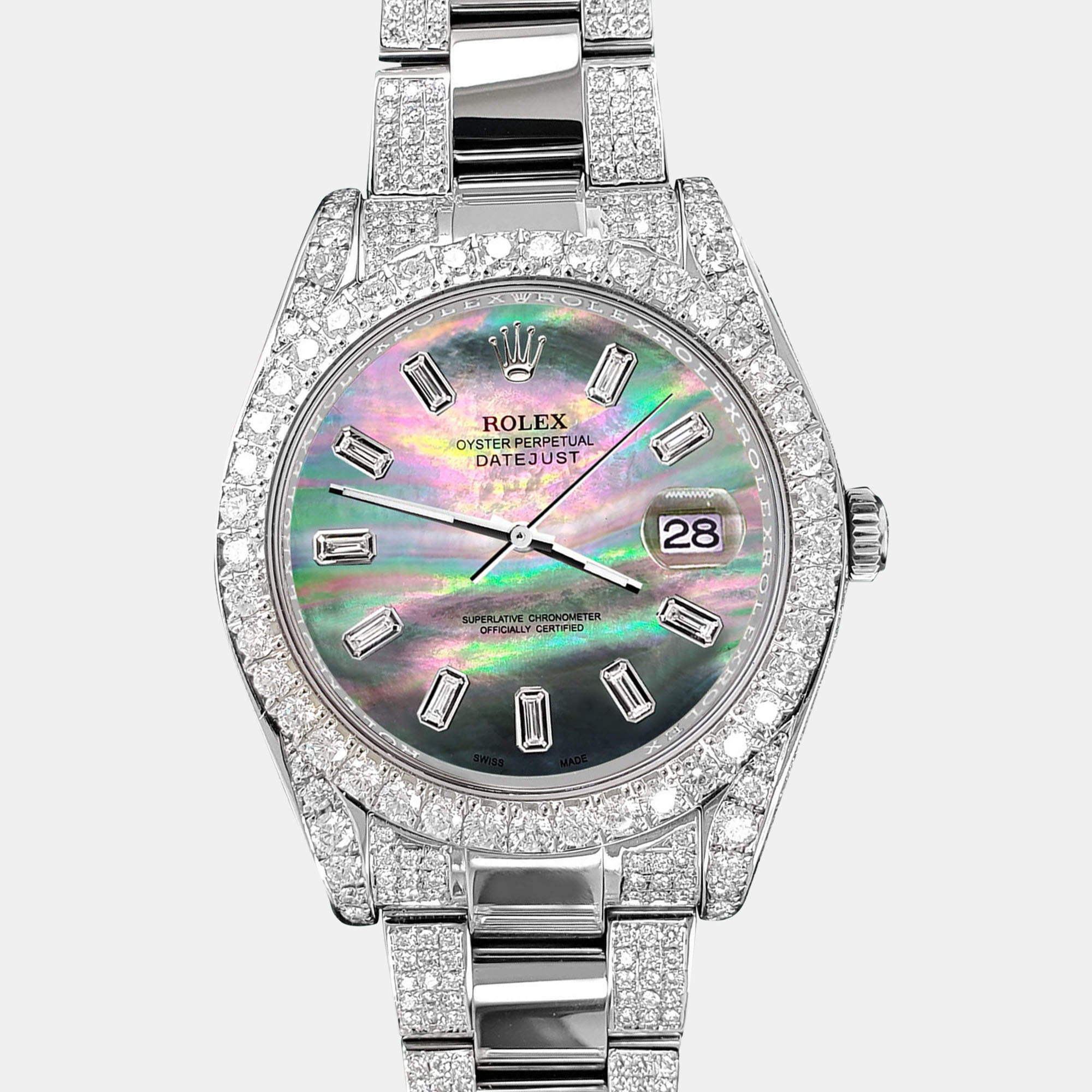 Rolex Custom Black MOP 10.65CT Diamond Stainless Steel Datejust II 116300 Automatic Men's Wristwatch 41 mm