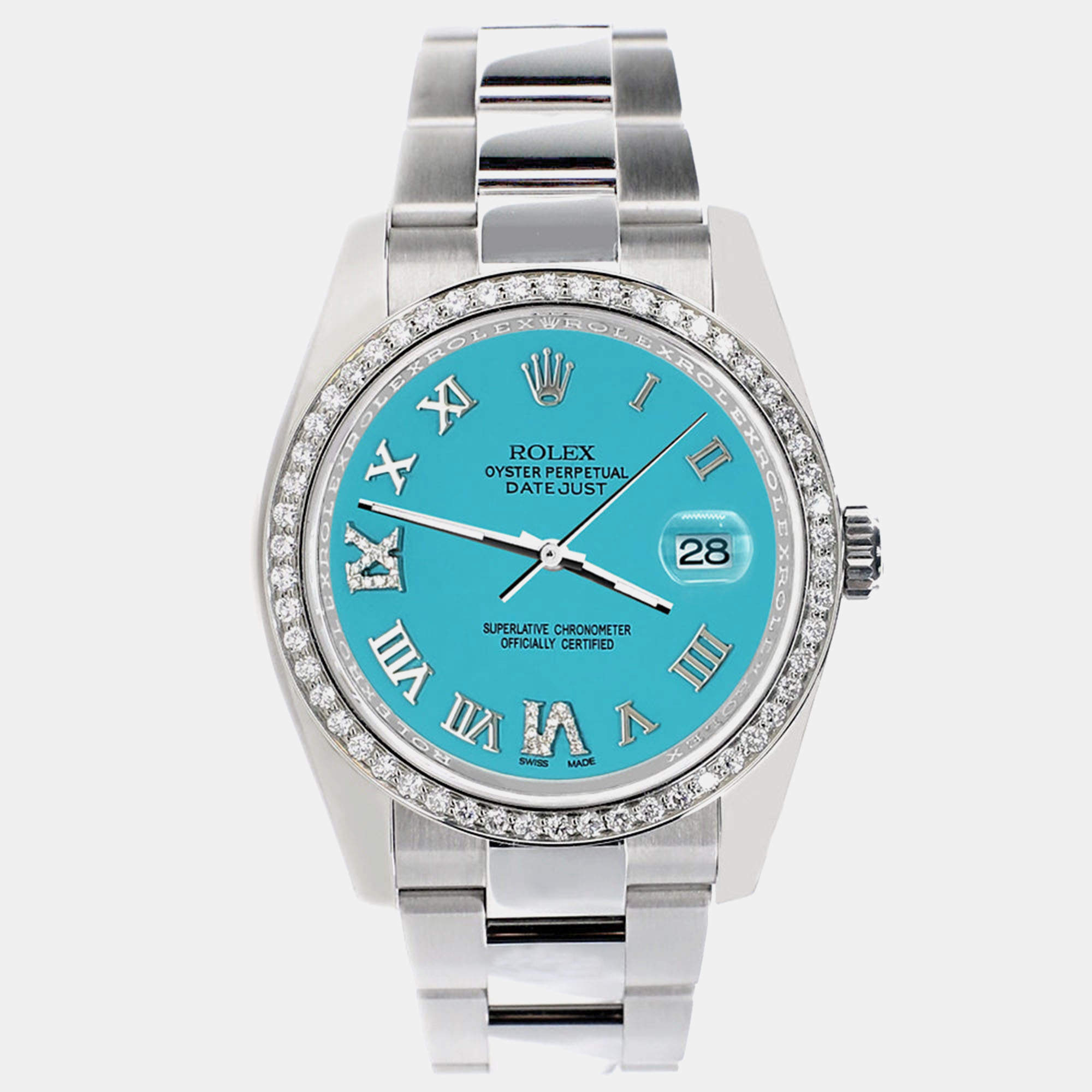 Rolex Custom Turquoise Diamond Stainless Steel Datejust 116200 Automatic Men's Wristwatch 36 mm