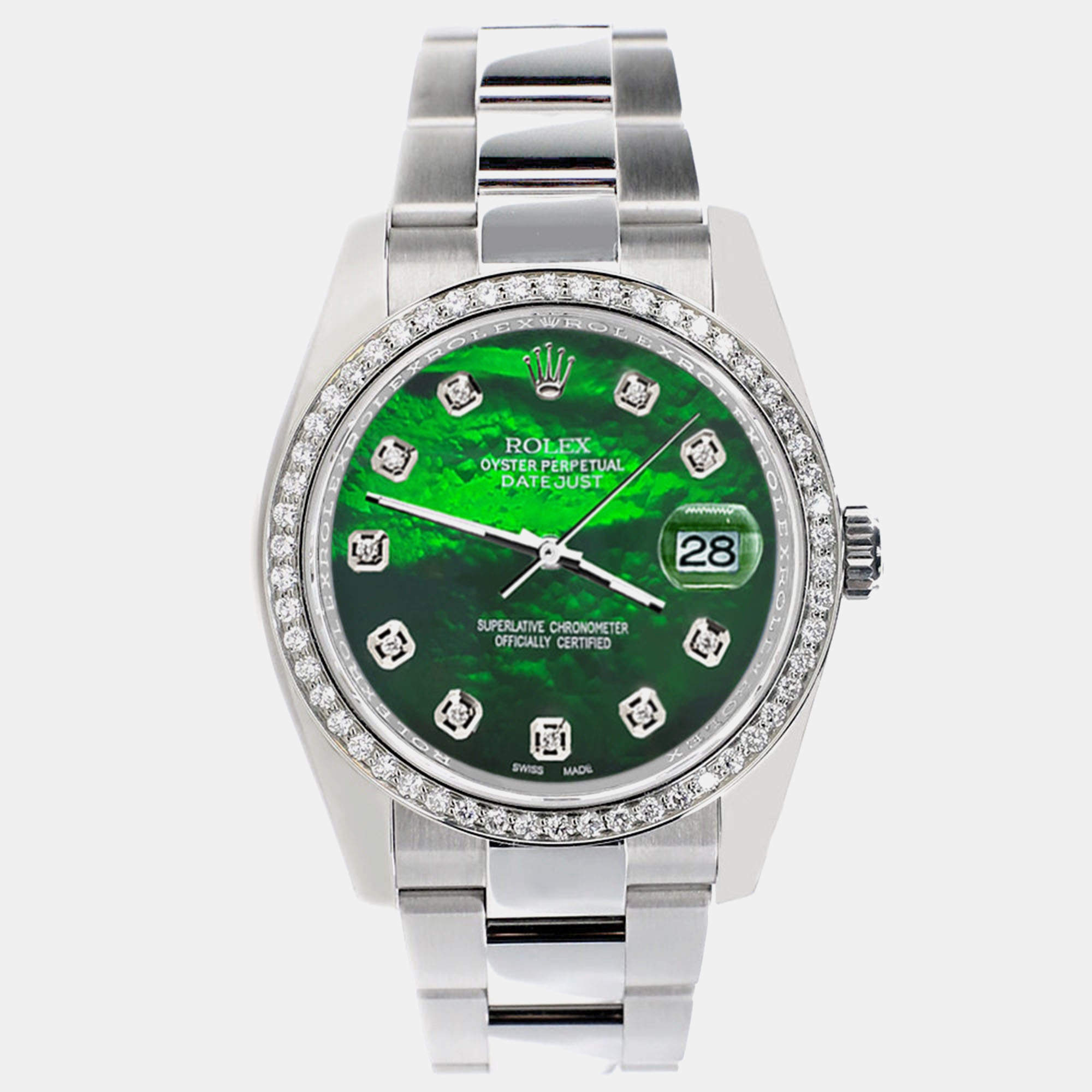 Rolex Custom Green MOP Diamond Stainless Steel Datejust 116200 Automatic Men's Wristwatch 36 mm