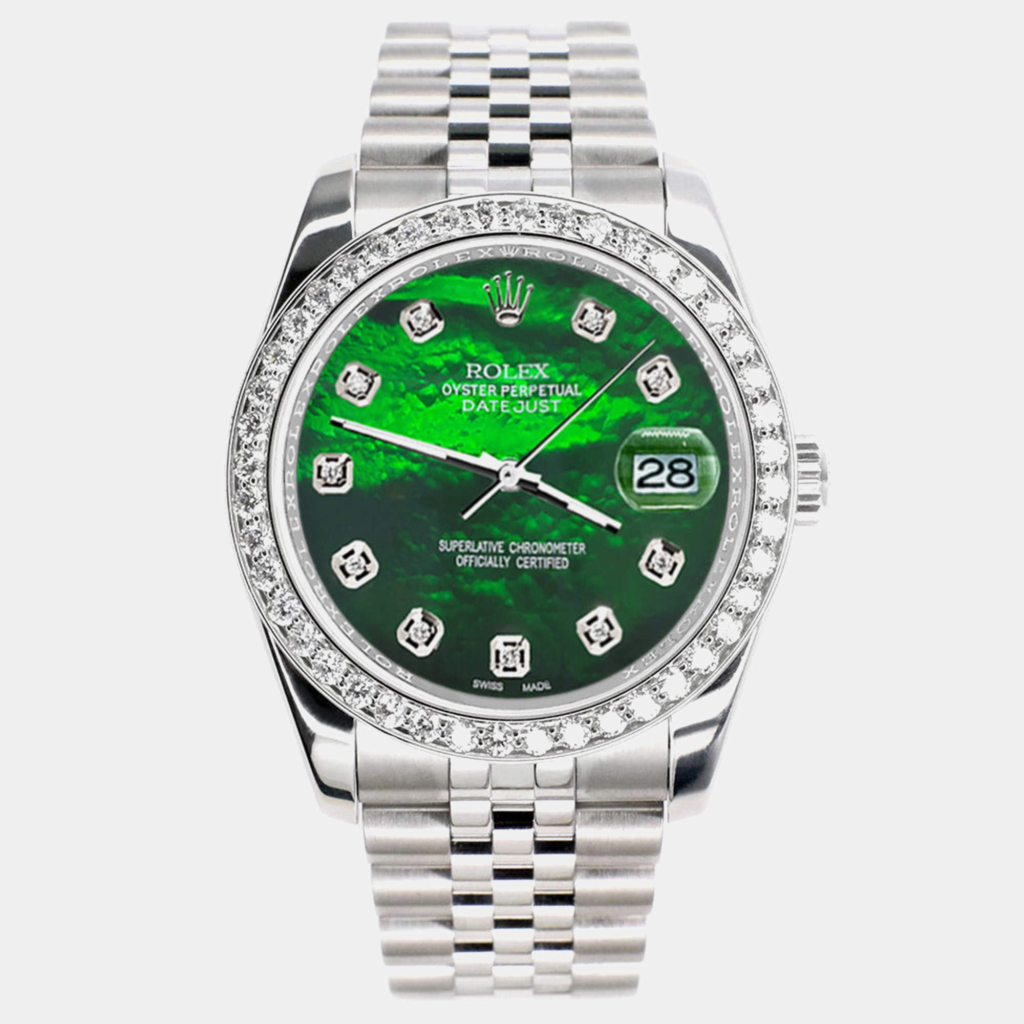Rolex Custom Green MOP 1.85ct Diamond Stainless Steel Datejust 116200 Automatic Men's Wristwatch 36 mm