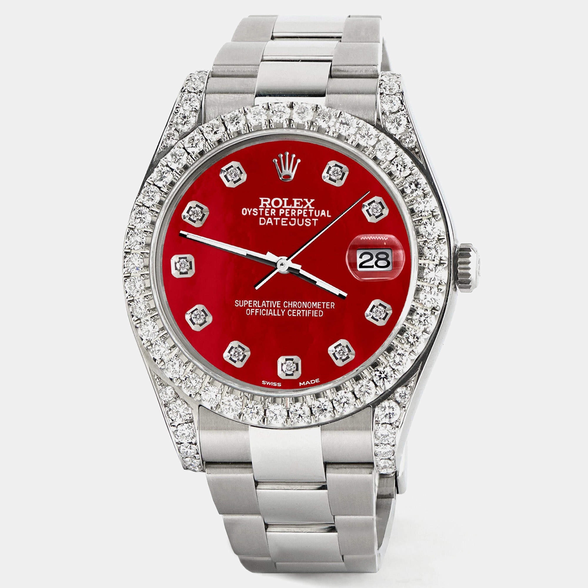 Rolex Custom Red MOP 4.4CT Diamond Stainless Steel Datejust 126300 Automatic Men's Wristwatch 41 mm