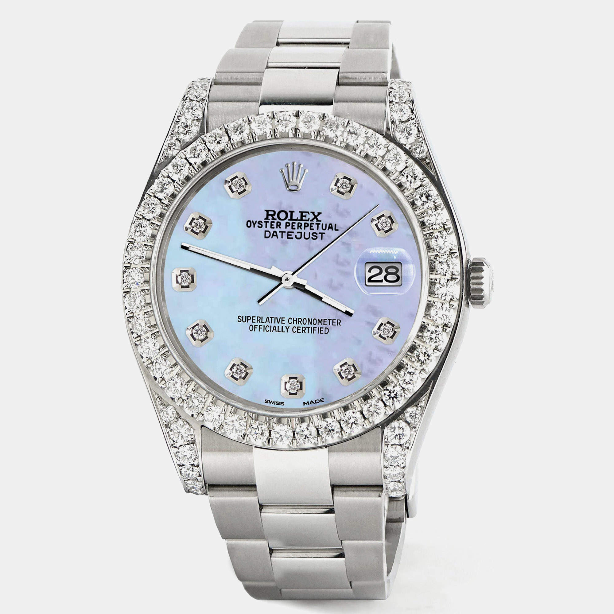 Rolex Custom Purple MOP 4.4CT Diamond Stainless Steel Datejust 126300 Automatic Men's Wristwatch 41 mm