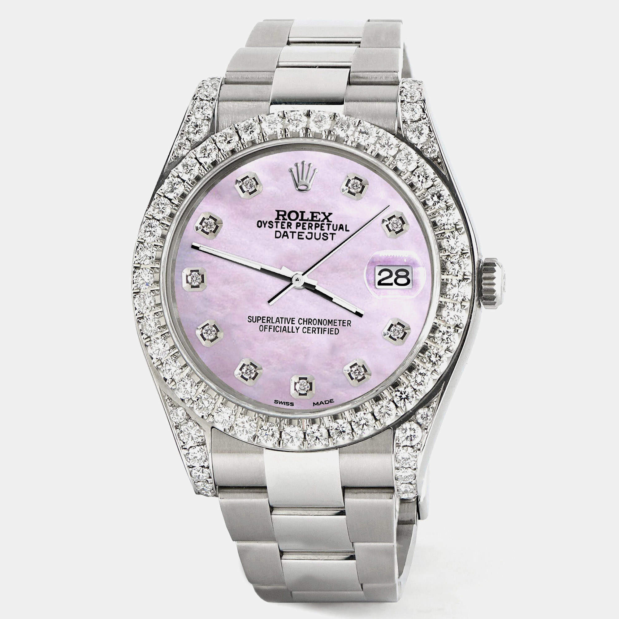 Rolex Custom Pink 4.4CT Diamond Stainless Steel Datejust 126300 Automatic Men's Wristwatch 41 mm