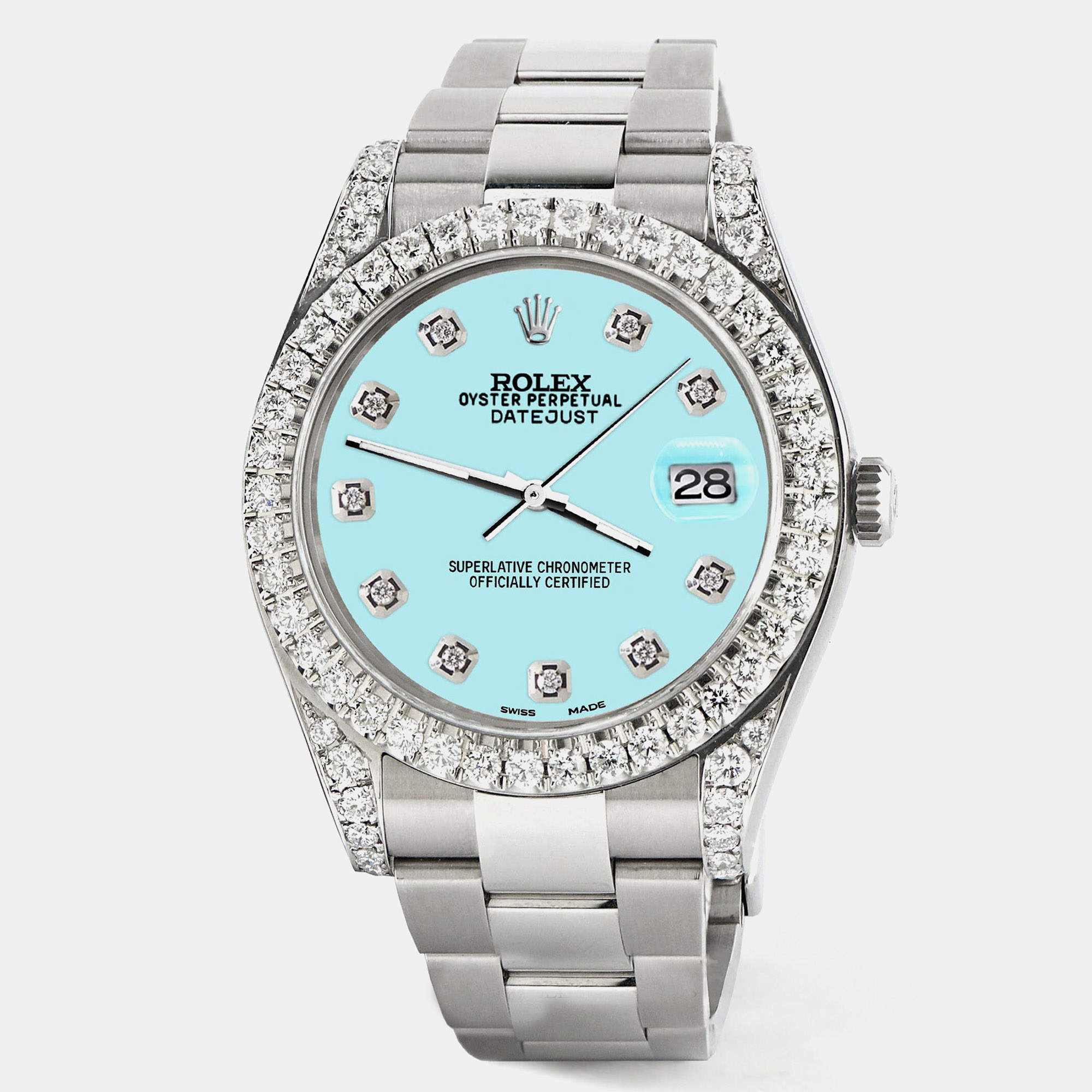 Rolex Custom Aqua Blue 4.4CT Diamond Stainless Steel Datejust 126300 Automatic Men's Wristwatch 41 mm