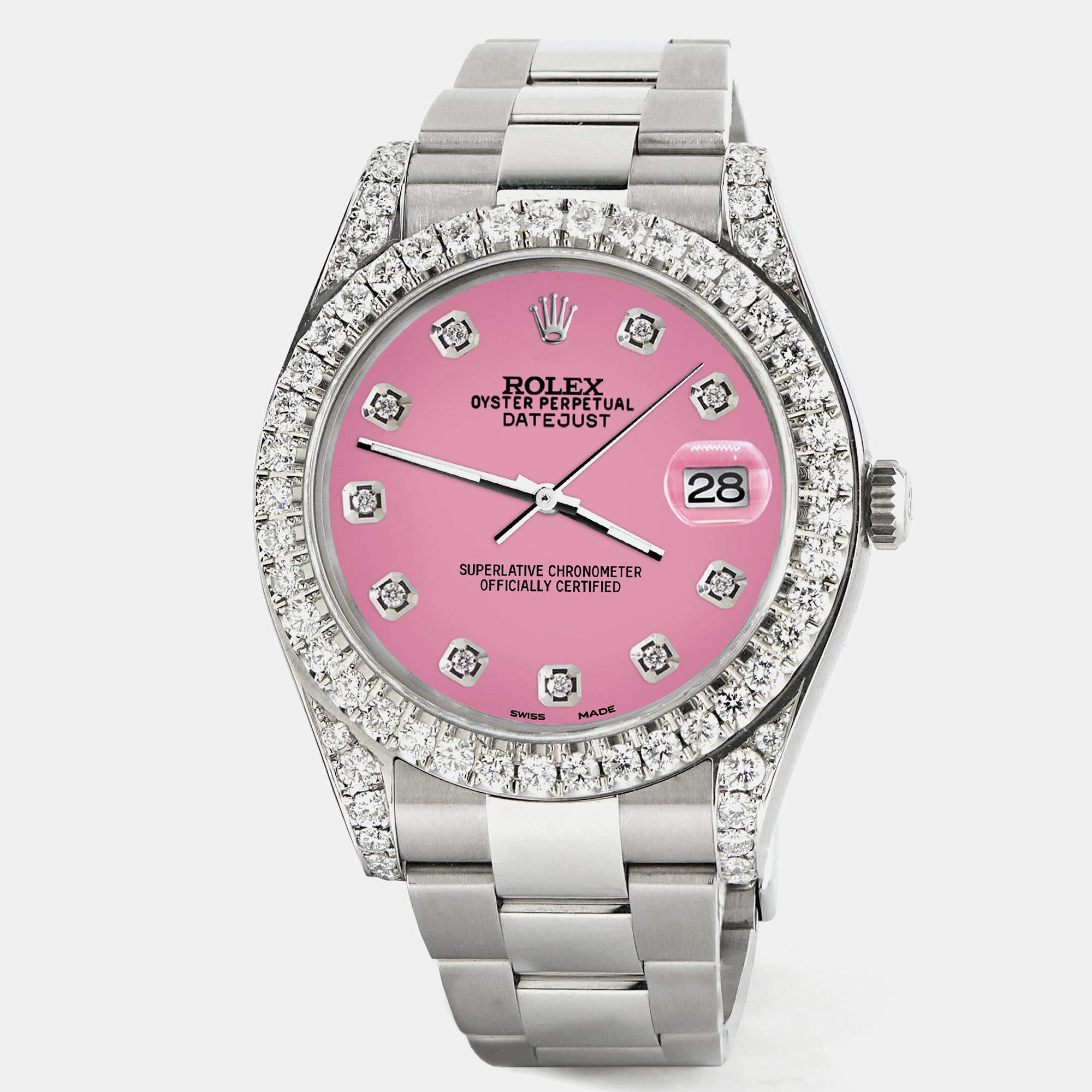 Rolex Custom Pink 4.4CT Diamond Stainless Steel Datejust 126300 Automatic Men's Wristwatch 41 mm