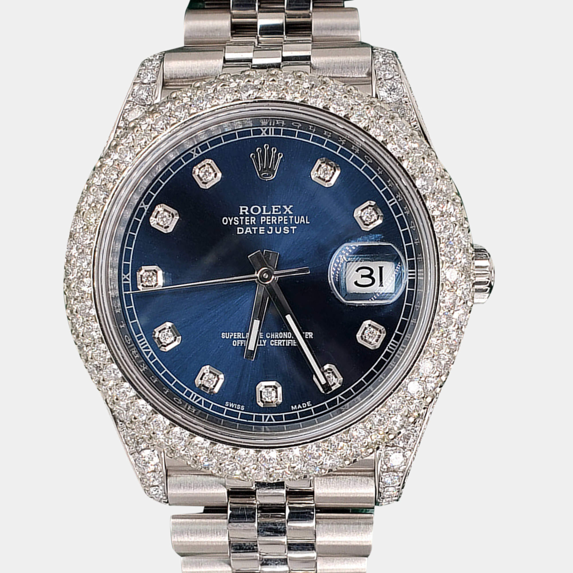 Rolex Custom Blue 7.5CT Diamond Stainless Steel Datejust 126300 Automatic Men's Wristwatch 41 mm