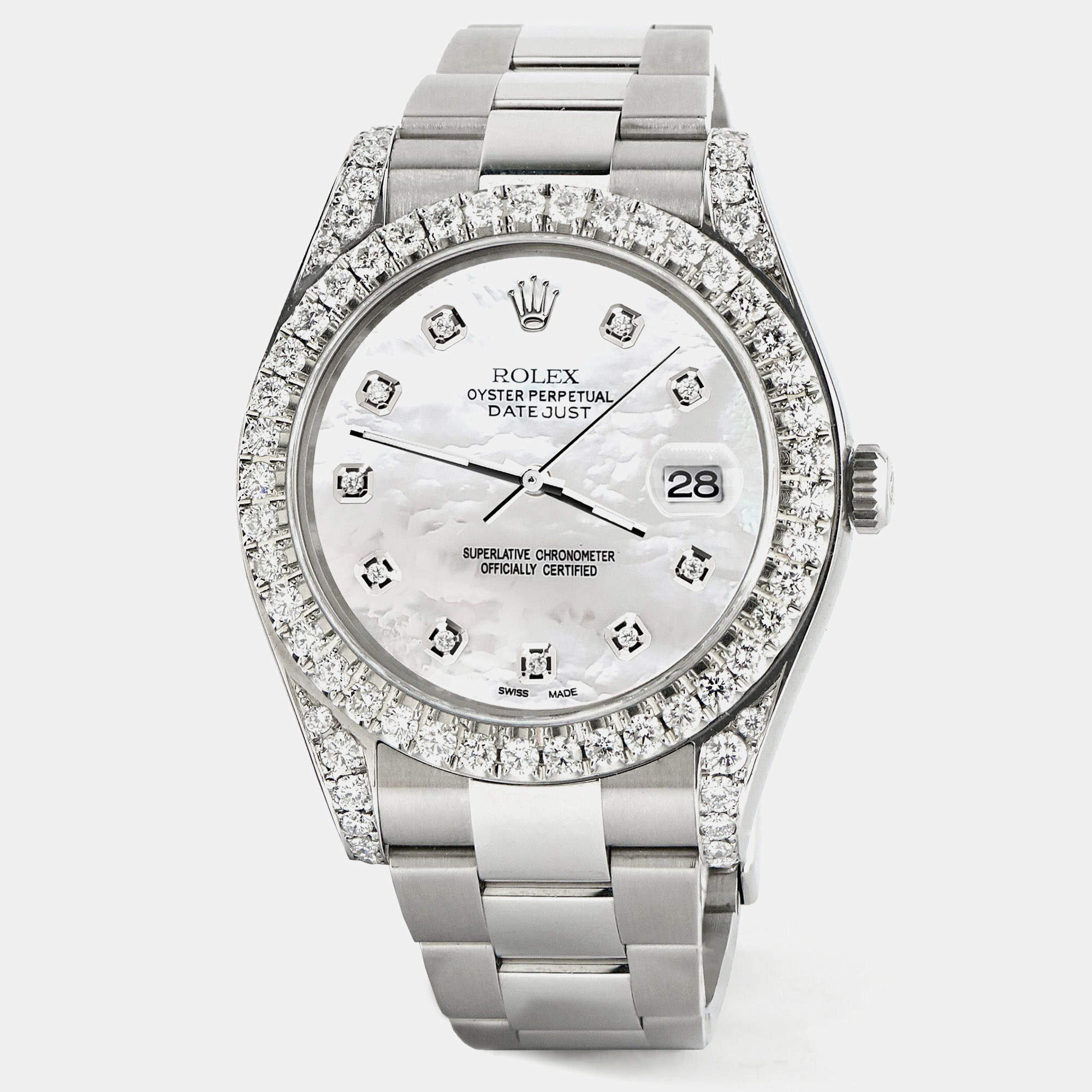 Rolex Custom White MOP 4.4CT Diamond Stainless Steel Datejust 126300 Automatic Men's Wristwatch 41 mm
