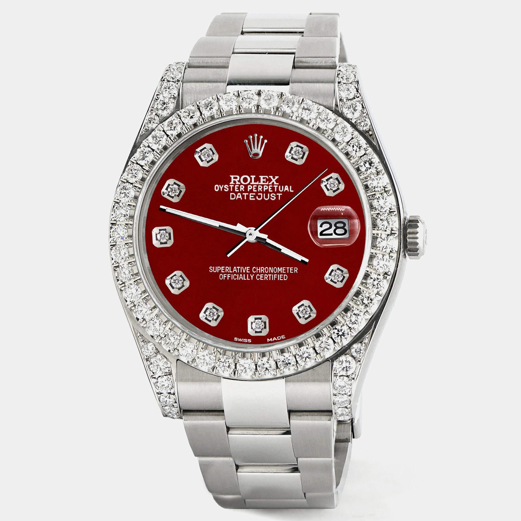 Rolex Custom Imperial Red 4.4CT Diamond Stainless Steel Datejust 126300 Automatic Men's Wristwatch 41 mm