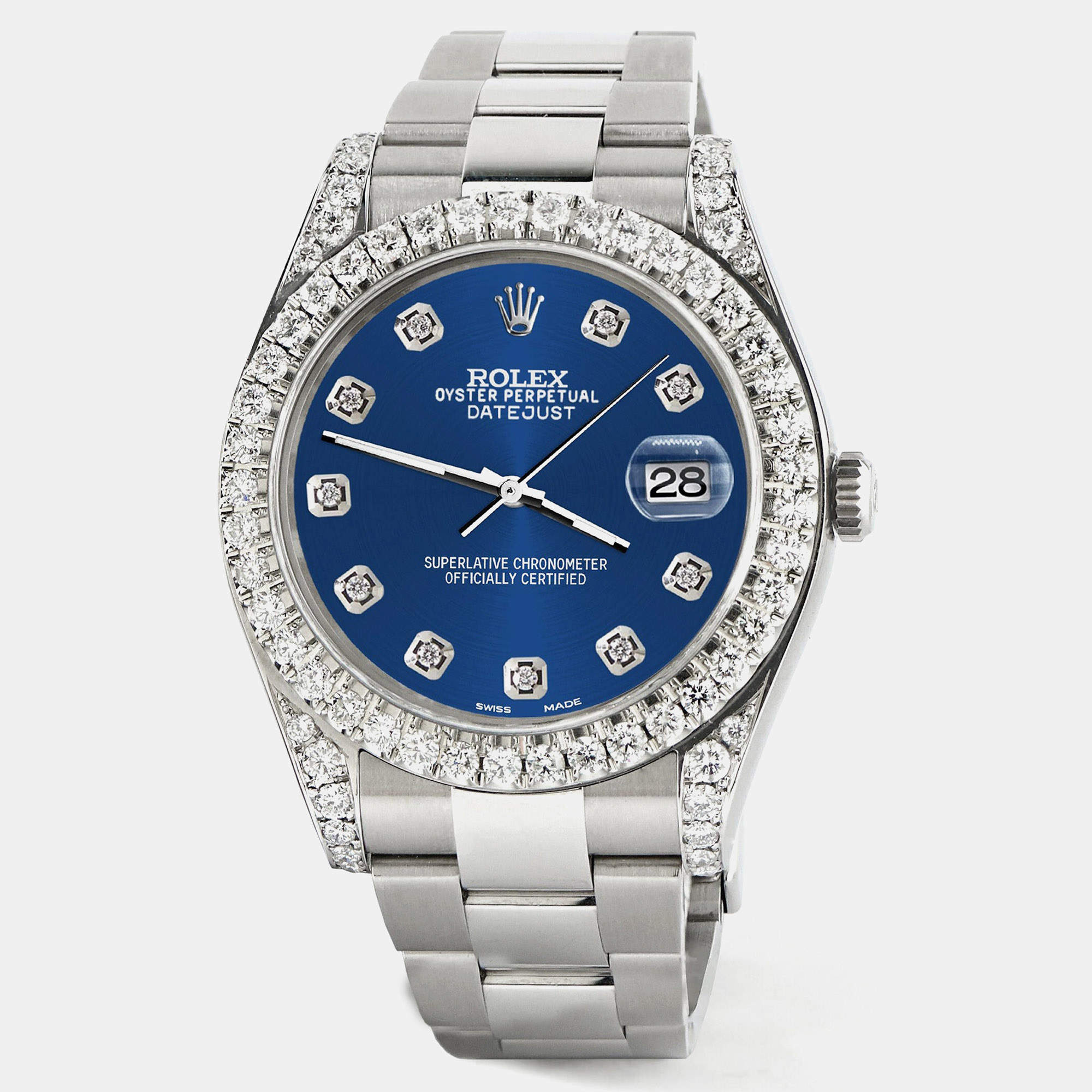 Rolex Custom Cobalt Blue 4.4CT Diamond Stainless Steel Datejust 126300 Automatic Men's Wristwatch 41 mm