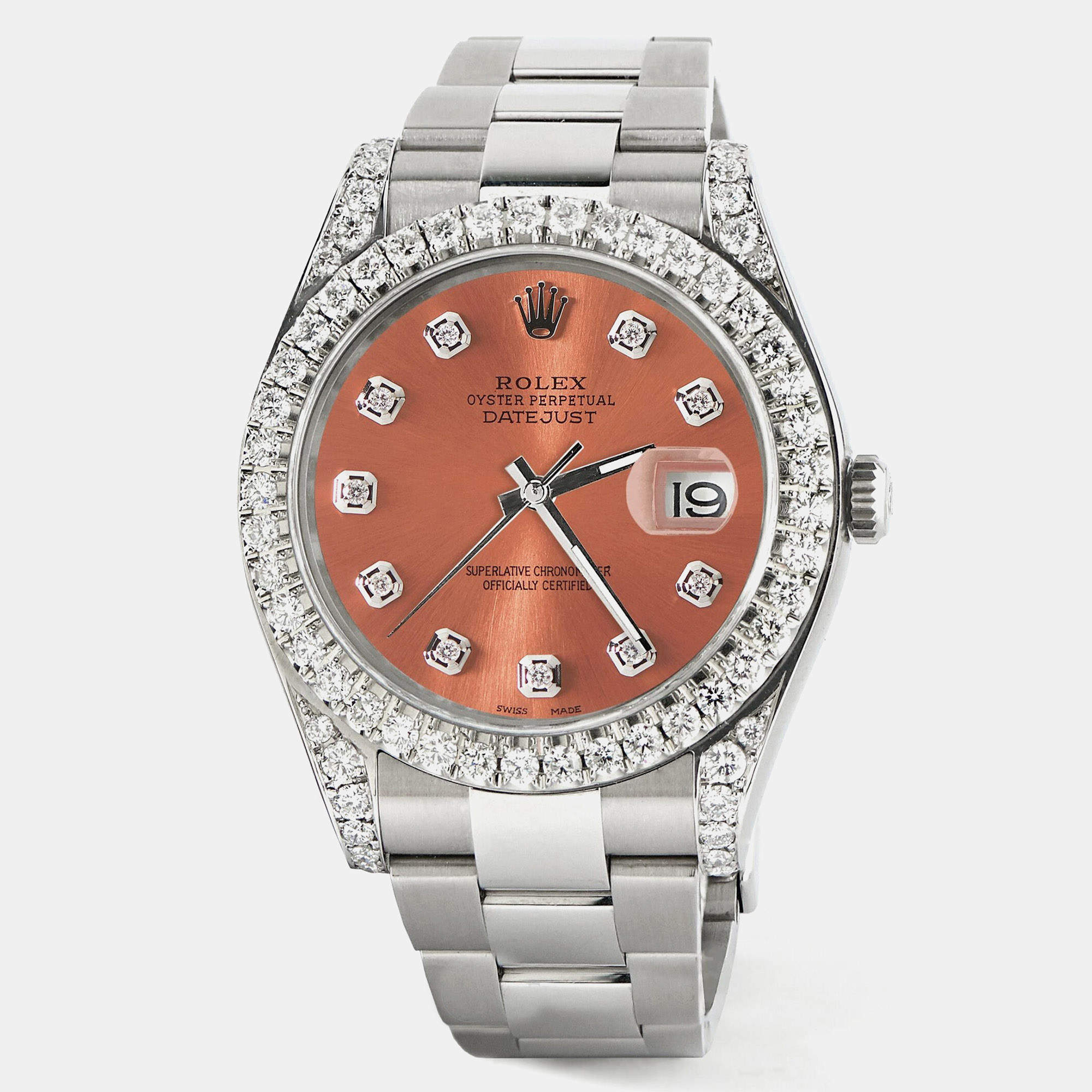 Rolex Custom Royal Salmon 4.4CT Diamond Stainless Steel Datejust 126300 Automatic Men's Wristwatch 41 mm