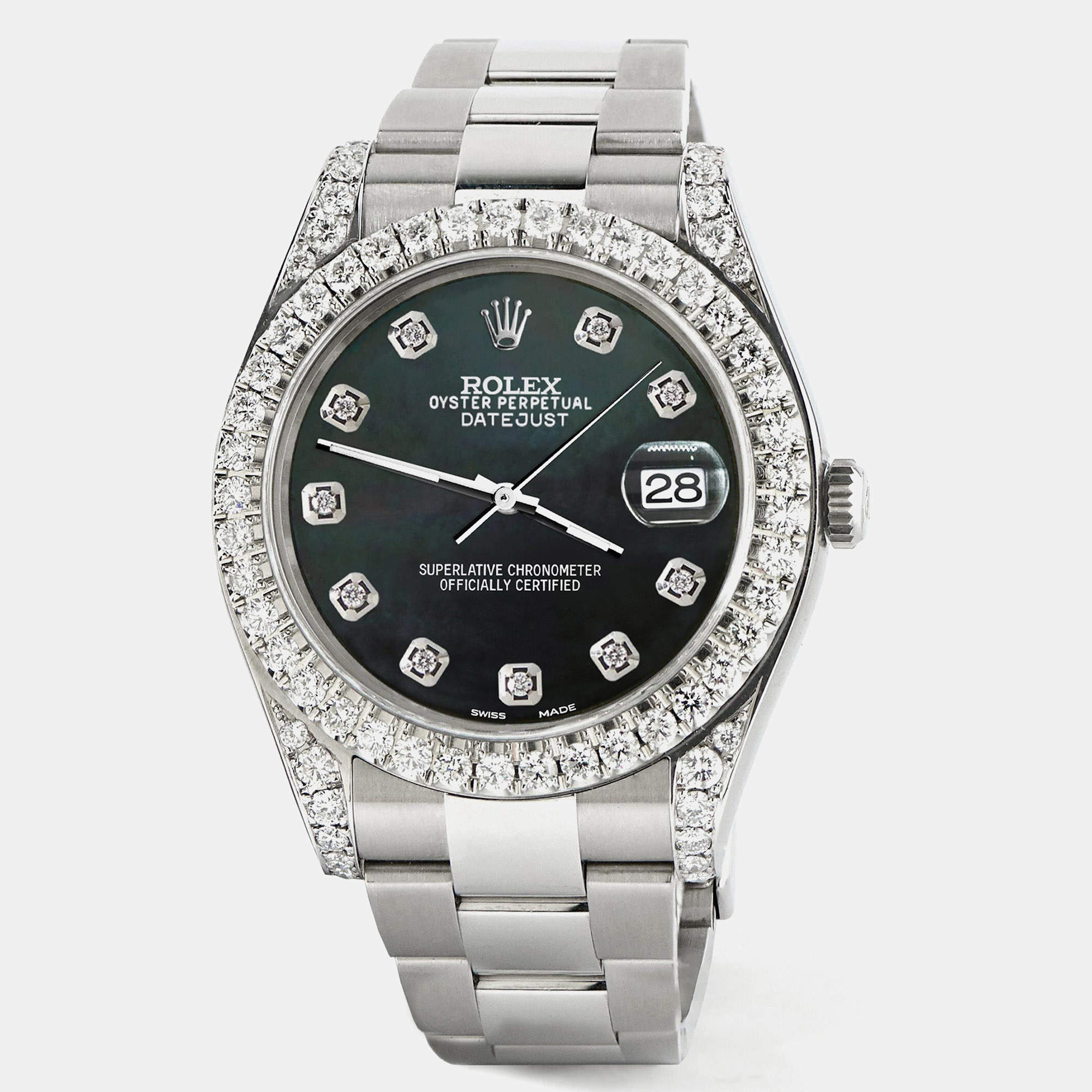 Rolex Custom Black MOP 4.4CT Diamond Stainless Steel Datejust 126300 Automatic Men's Wristwatch 41 mm