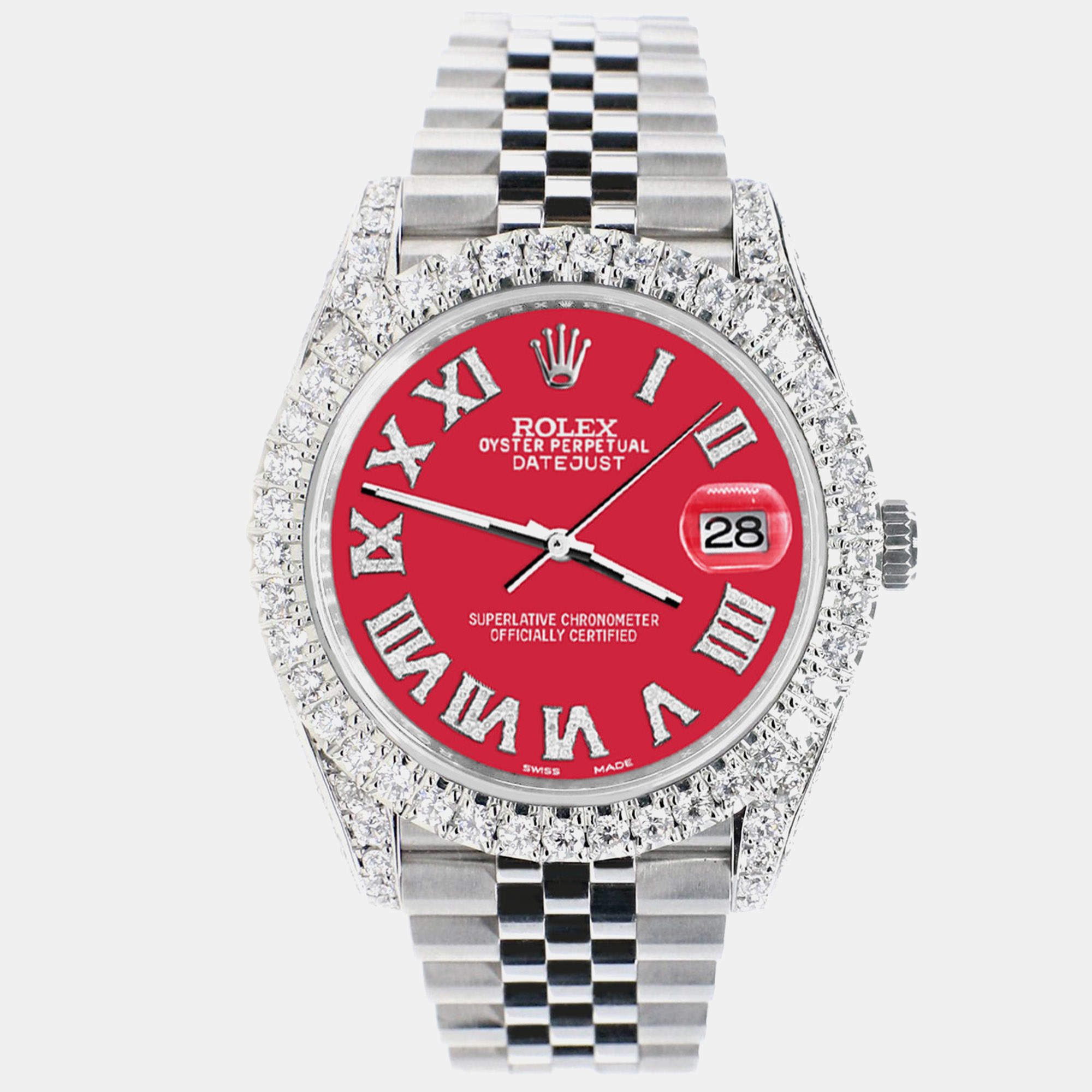 Rolex Custom Scarlet Red 5.9CT Diamond Stainless Steel Datejust 126300 Automatic Men's Wristwatch 41 mm