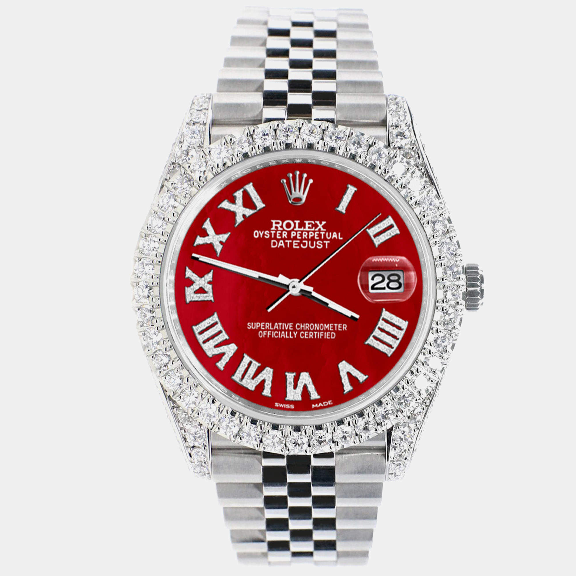 Rolex Custom Red MOP 5.9CT Diamond Stainless Steel Datejust 126300 Automatic Men's Wristwatch 41 mm