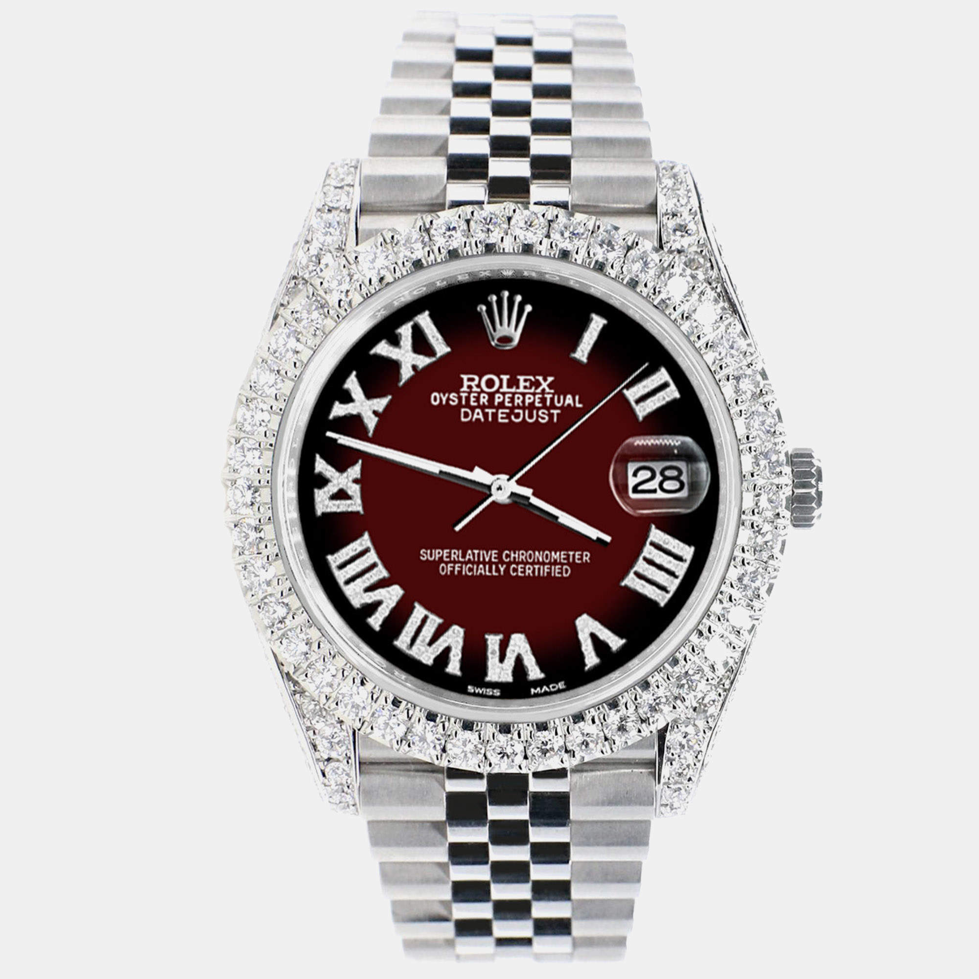 Rolex Custom Maroon Vignette 5.9CT Diamond Stainless Steel Datejust 126300 Automatic Men's Wristwatch 41 mm