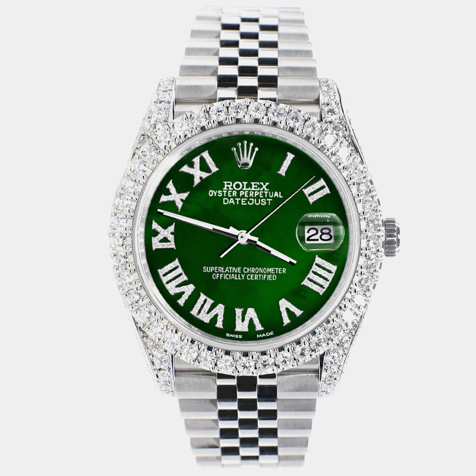 Rolex Custom Green MOP 5.9CT Diamond Stainless Steel Datejust 126300 Automatic Men's Wristwatch 41 mm