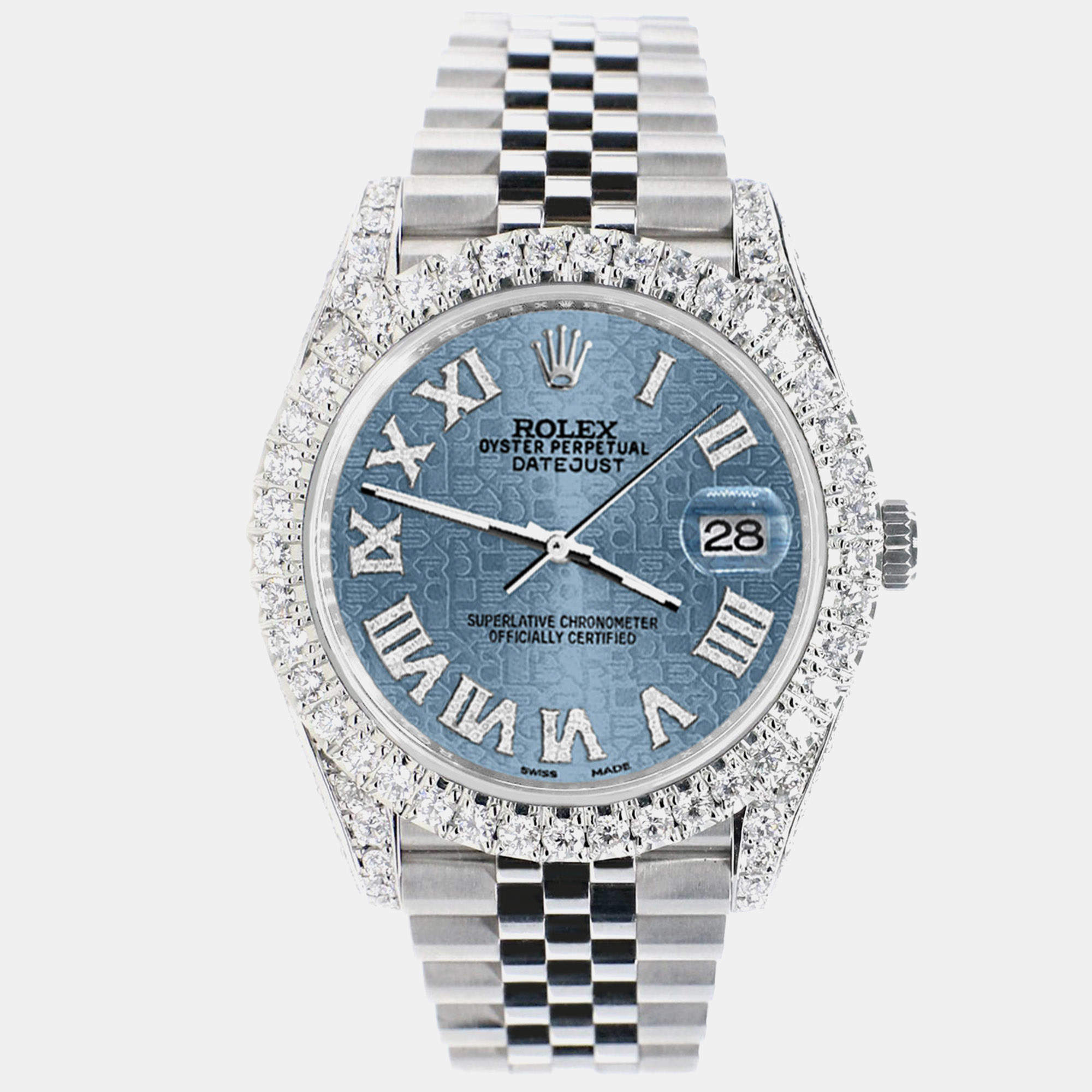 Rolex Custom Ice Blue 5.9CT Diamond Stainless Steel Datejust 126300 Automatic Men's Wristwatch 41 mm